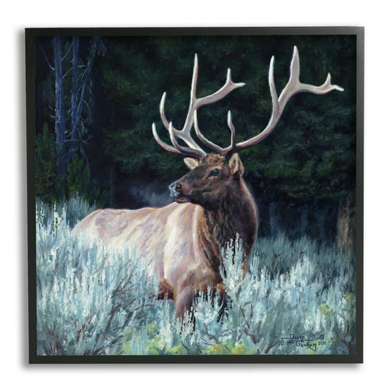 Stupell Industries Elk in Forest Painting Animals & Insects Painting Black Framed Art Print Wall Art, 12 x 12