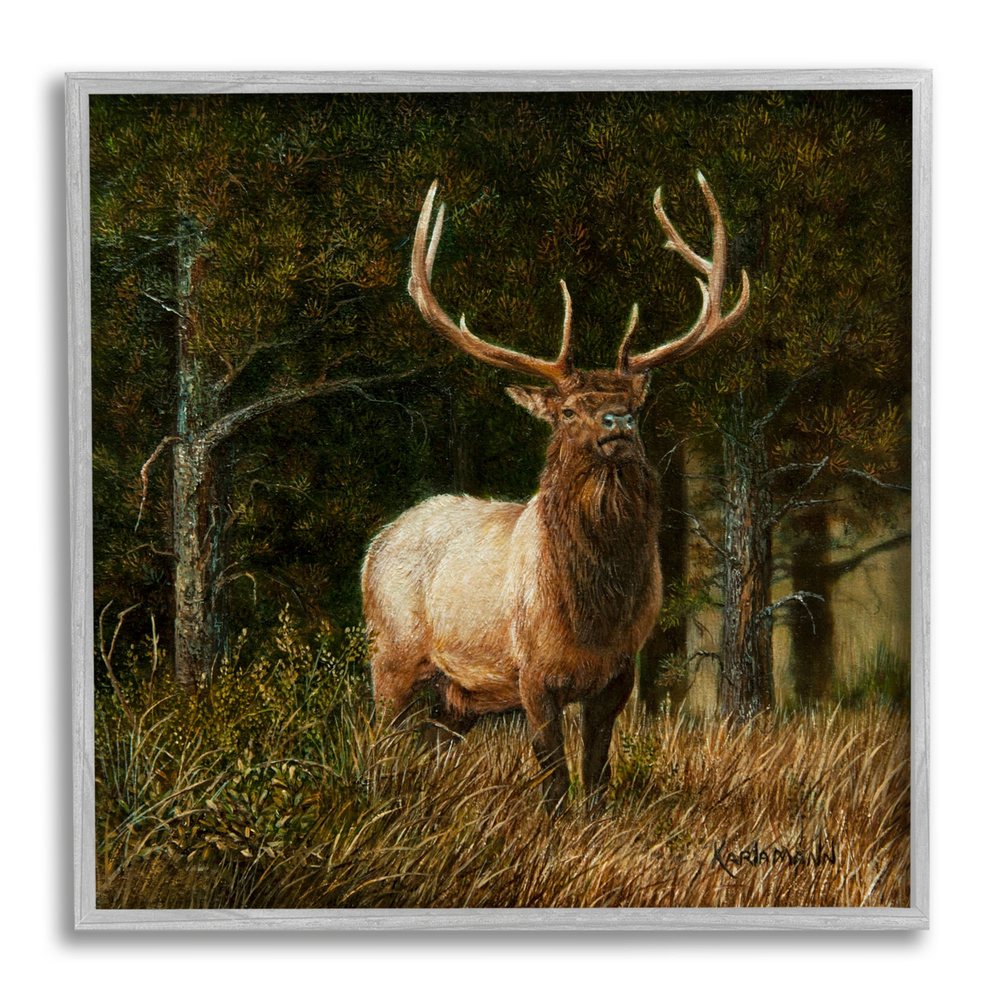 Stupell Industries Elk in Forest Painting Animals & Insects Painting Gray Framed Art Print Wall Art, 12 x 12