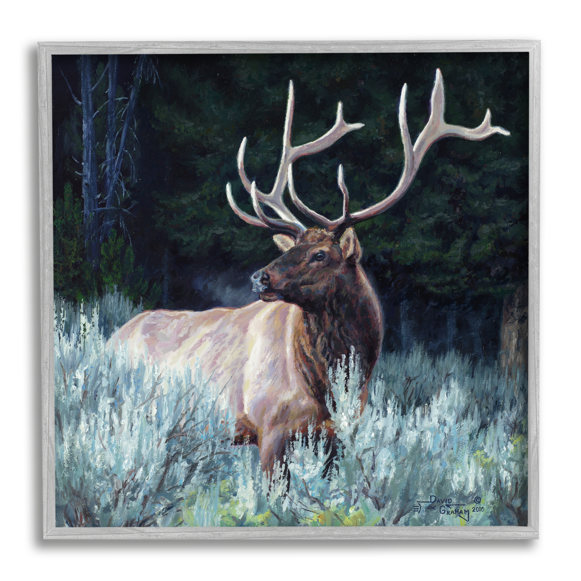 Stupell Industries Elk in Forest Painting Animals & Insects Painting Gray Framed Art Print Wall Art, 24 x 24