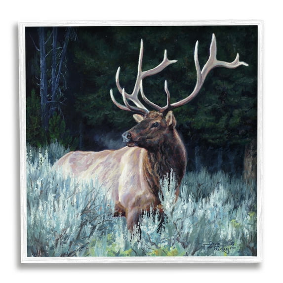 Stupell Industries Elk in Forest Painting Animals & Insects Painting White Framed Art Print Wall Art, 12 x 12