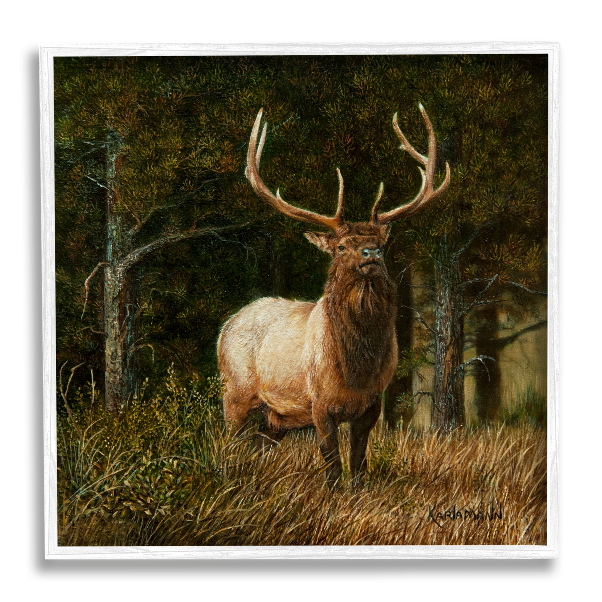 Stupell Industries Elk in Forest Painting Animals & Insects Painting White Framed Art Print Wall Art, 12 x 12