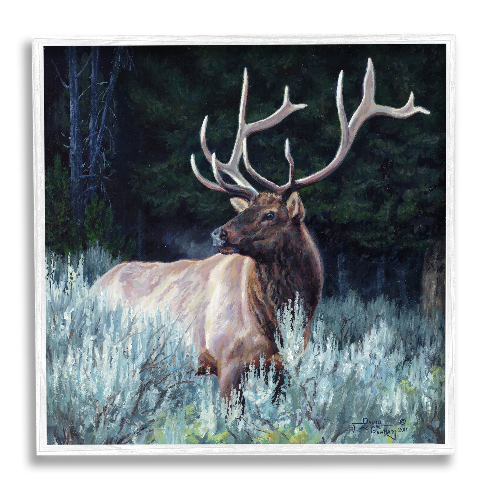 Stupell Industries Elk in Forest Painting Animals & Insects Painting White Framed Art Print Wall Art, 17 x 17
