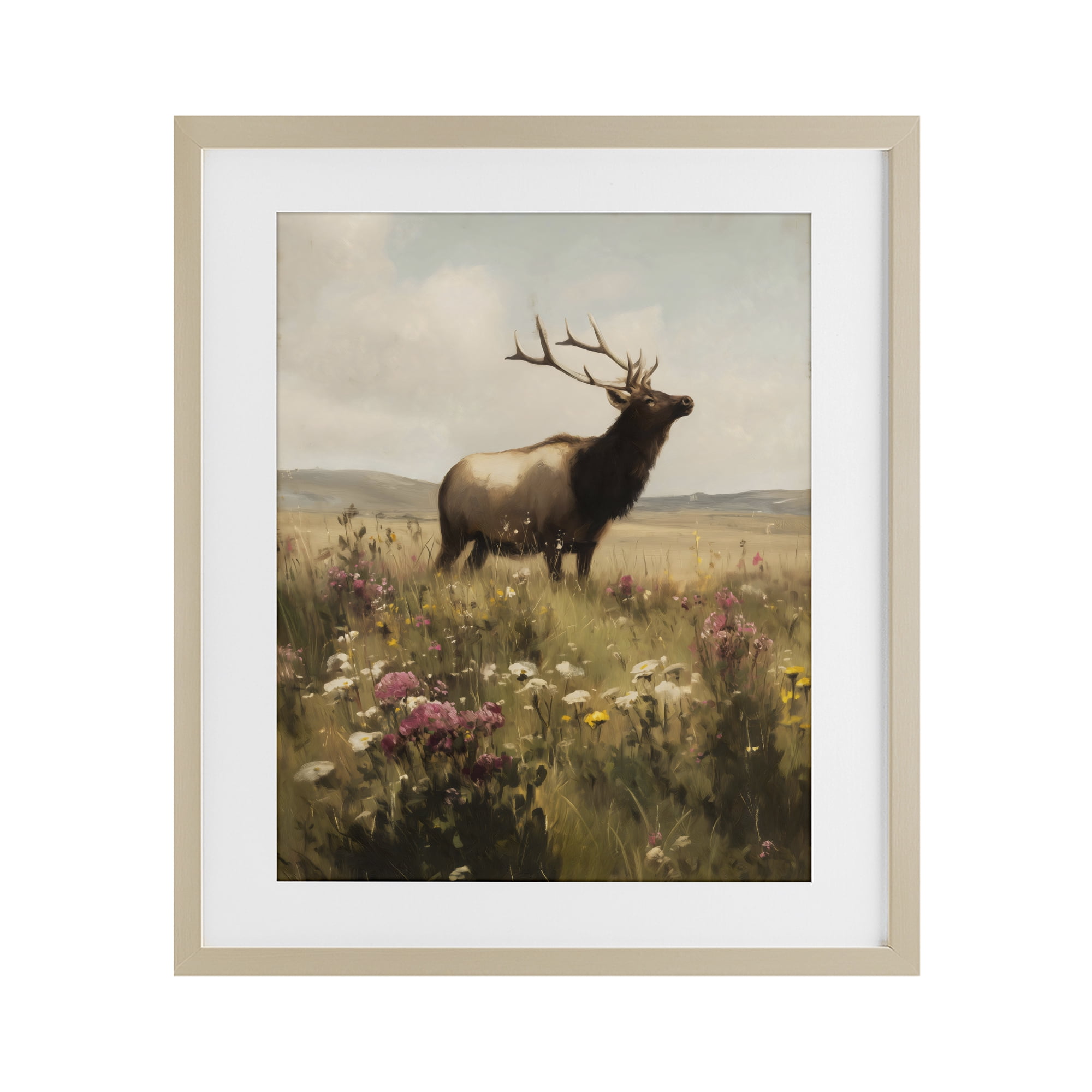 Stupell Industries Elk in the Wildflower Meadow Birch Framed Print Under Glass, design by Arlington Prints