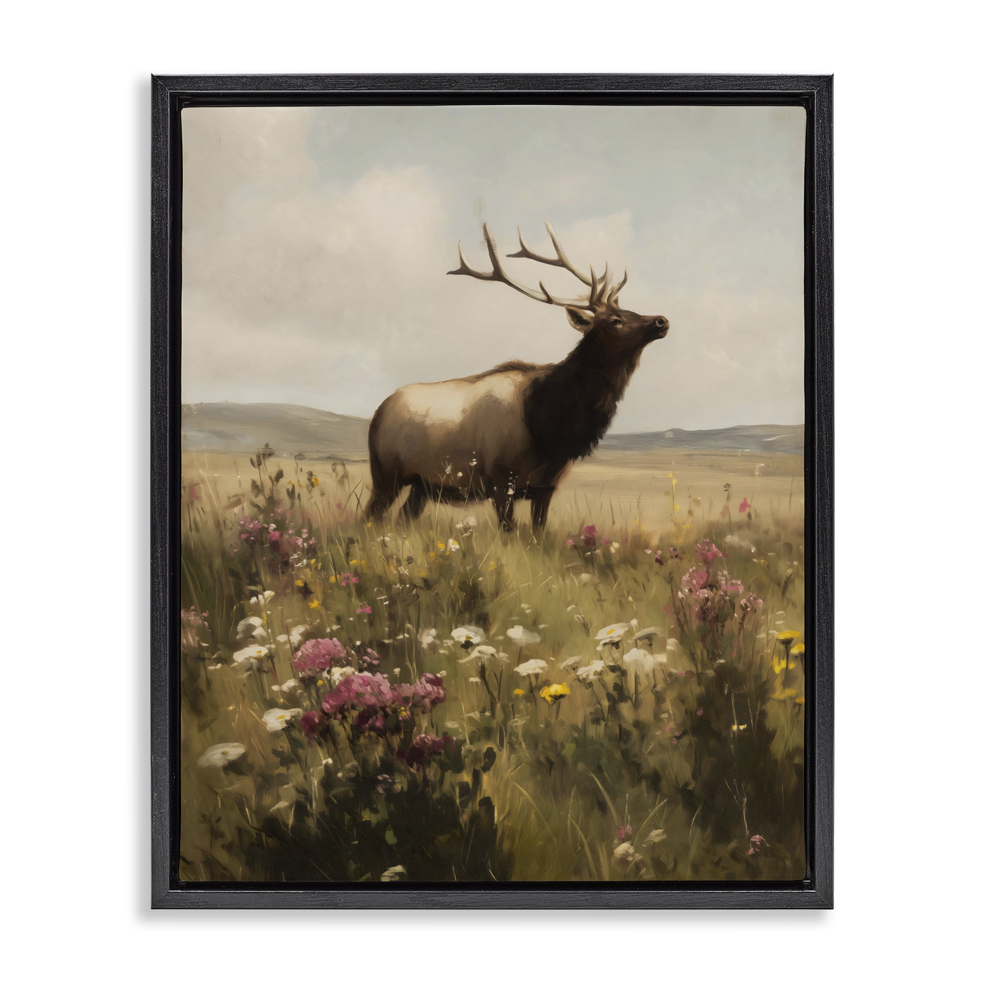 Stupell Industries Elk in the Wildflower Meadow Black Framed Floater Canvas Wall Art, design by Arlington Prints