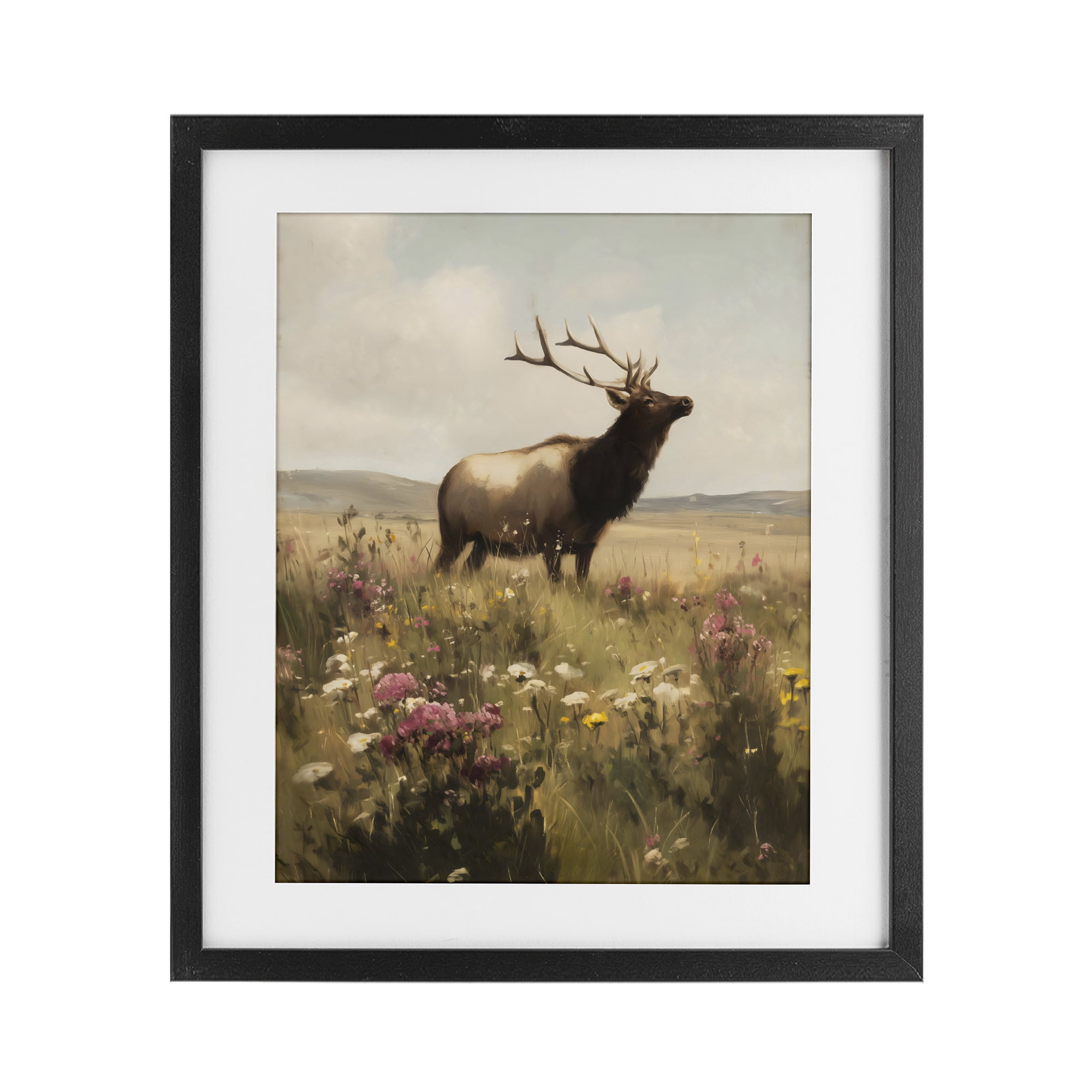Stupell Industries Elk in the Wildflower Meadow Black Framed Print Under Glass, design by Arlington Prints