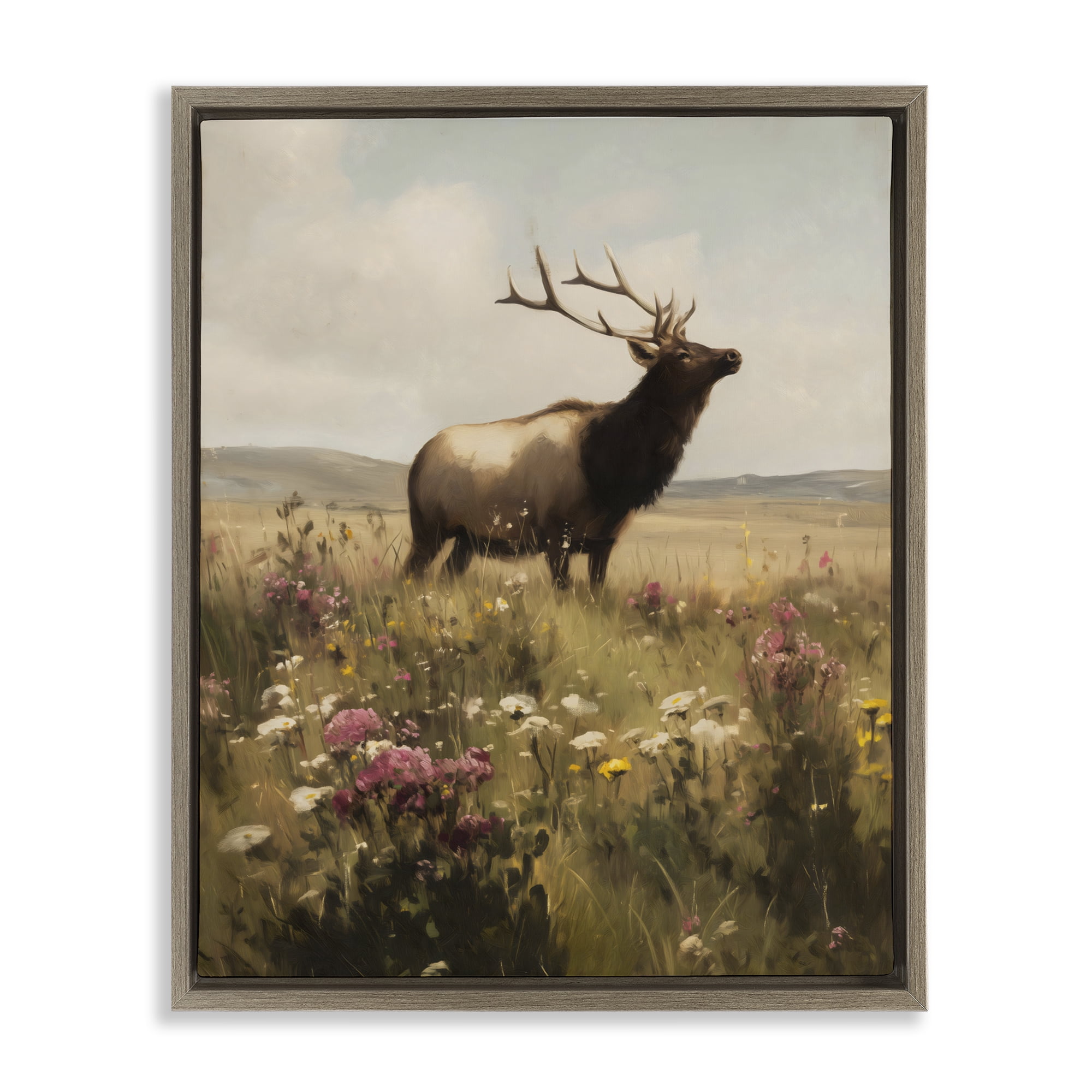 Stupell Industries Elk in the Wildflower Meadow Brown Framed Floater Canvas Wall Art, design by Arlington Prints