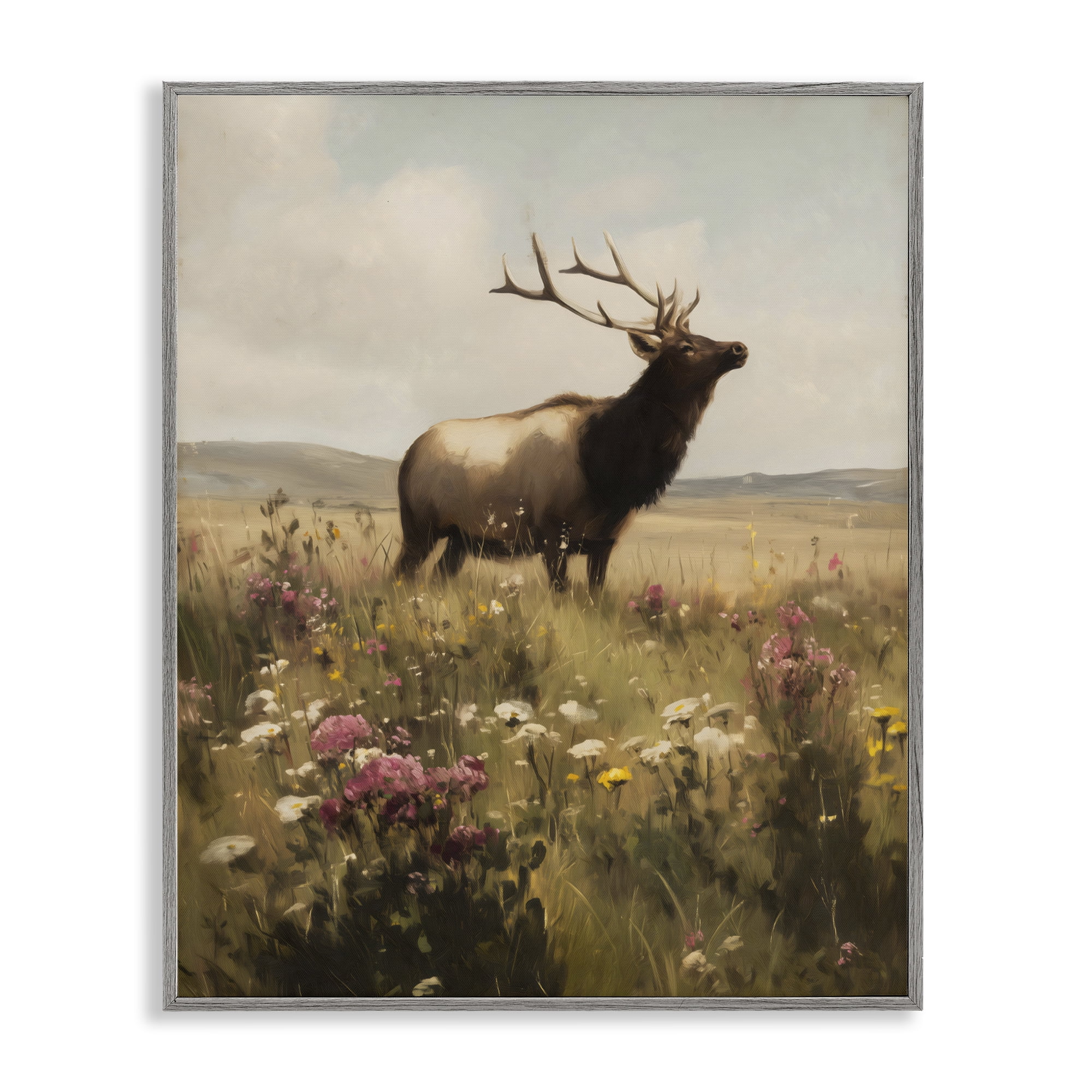 Stupell Industries Elk in the Wildflower Meadow Gray Framed Giclee Art, design by Arlington Prints