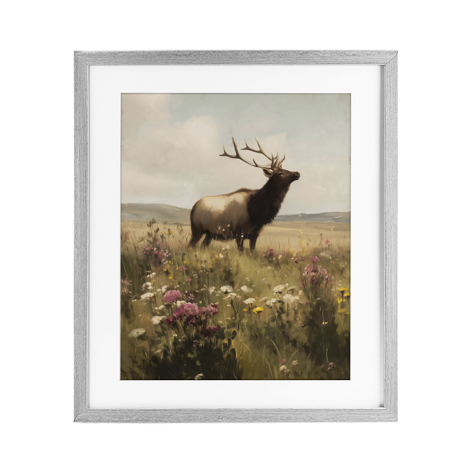 Stupell Industries Elk in the Wildflower Meadow Gray Framed Print Under Glass, design by Arlington Prints