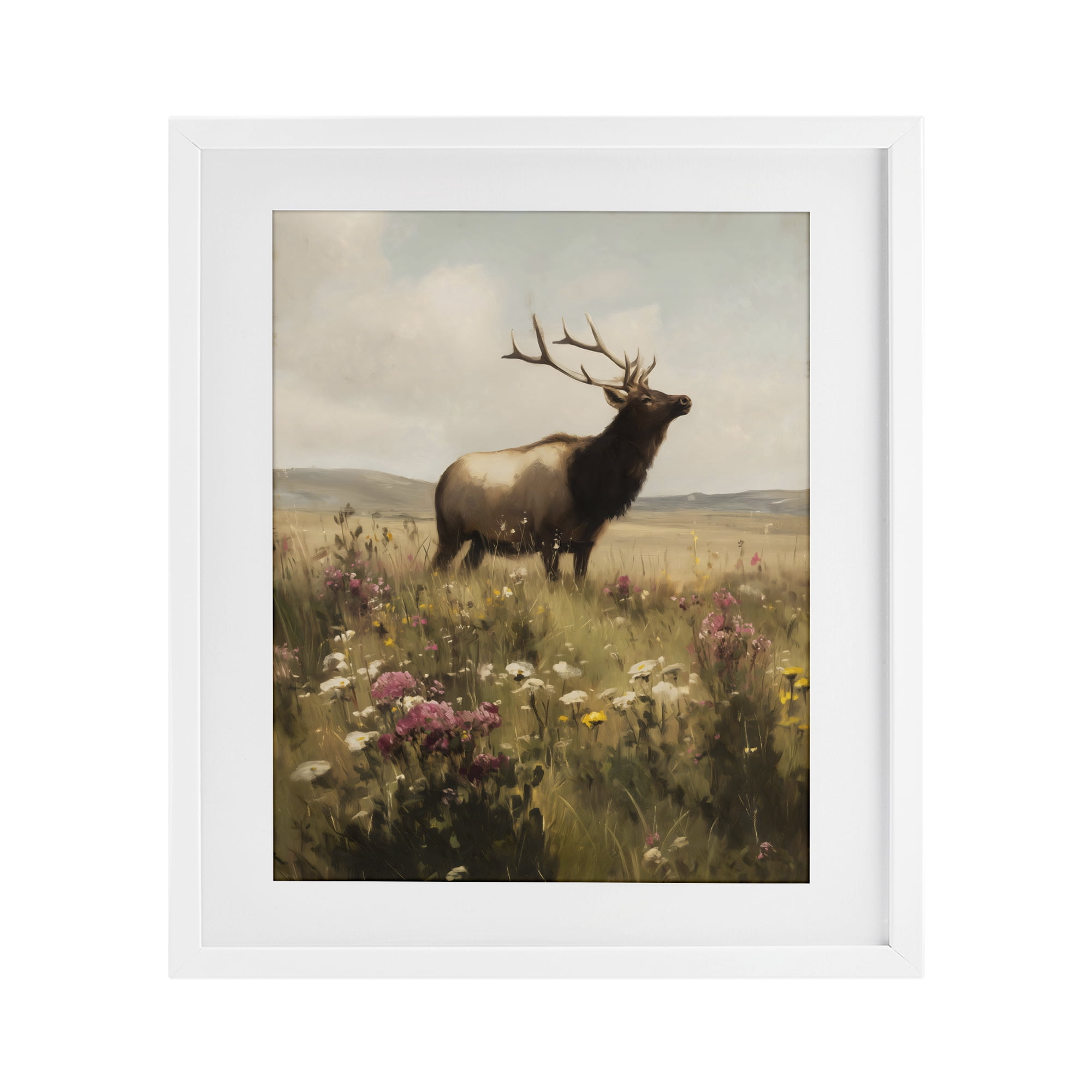 Stupell Industries Elk in the Wildflower Meadow White Framed Print Under Glass, design by Arlington Prints