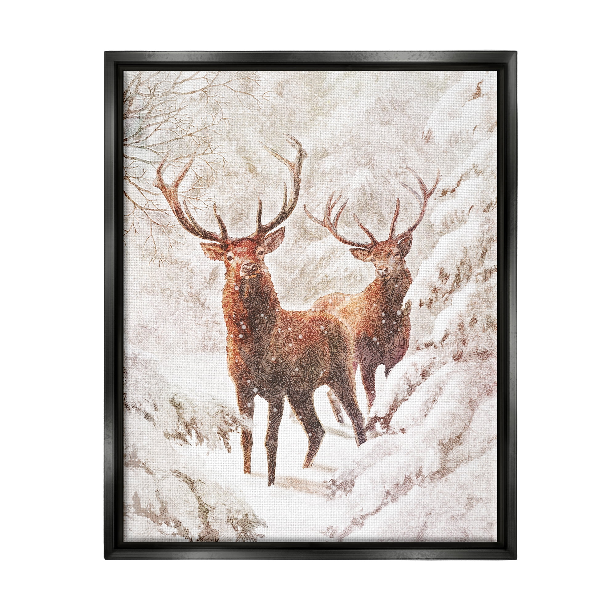 Stupell Industries Elks Snowy Forest Wildlife Holiday Painting Black Floater Framed Art Print Wall Art