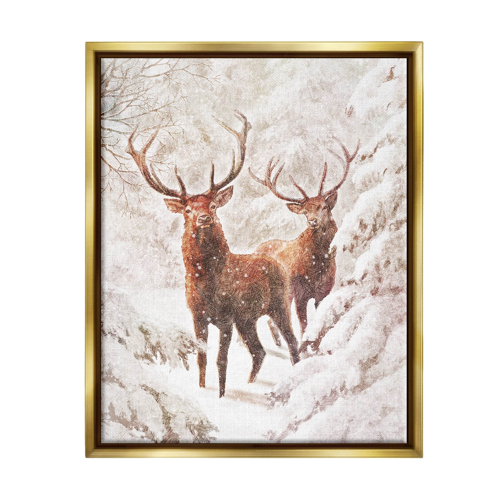 Stupell Industries Elks Snowy Forest Wildlife Holiday Painting Gold Floater Framed Art Print Wall Art