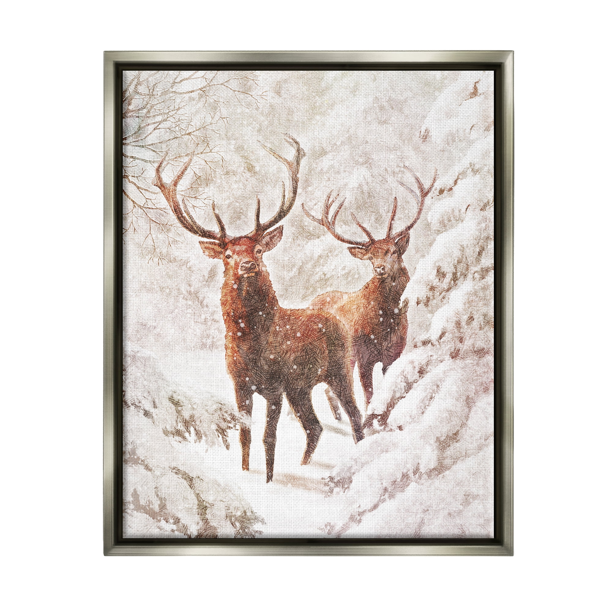 Stupell Industries Elks Snowy Forest Wildlife Holiday Painting Gray Floater Framed Art Print Wall Art