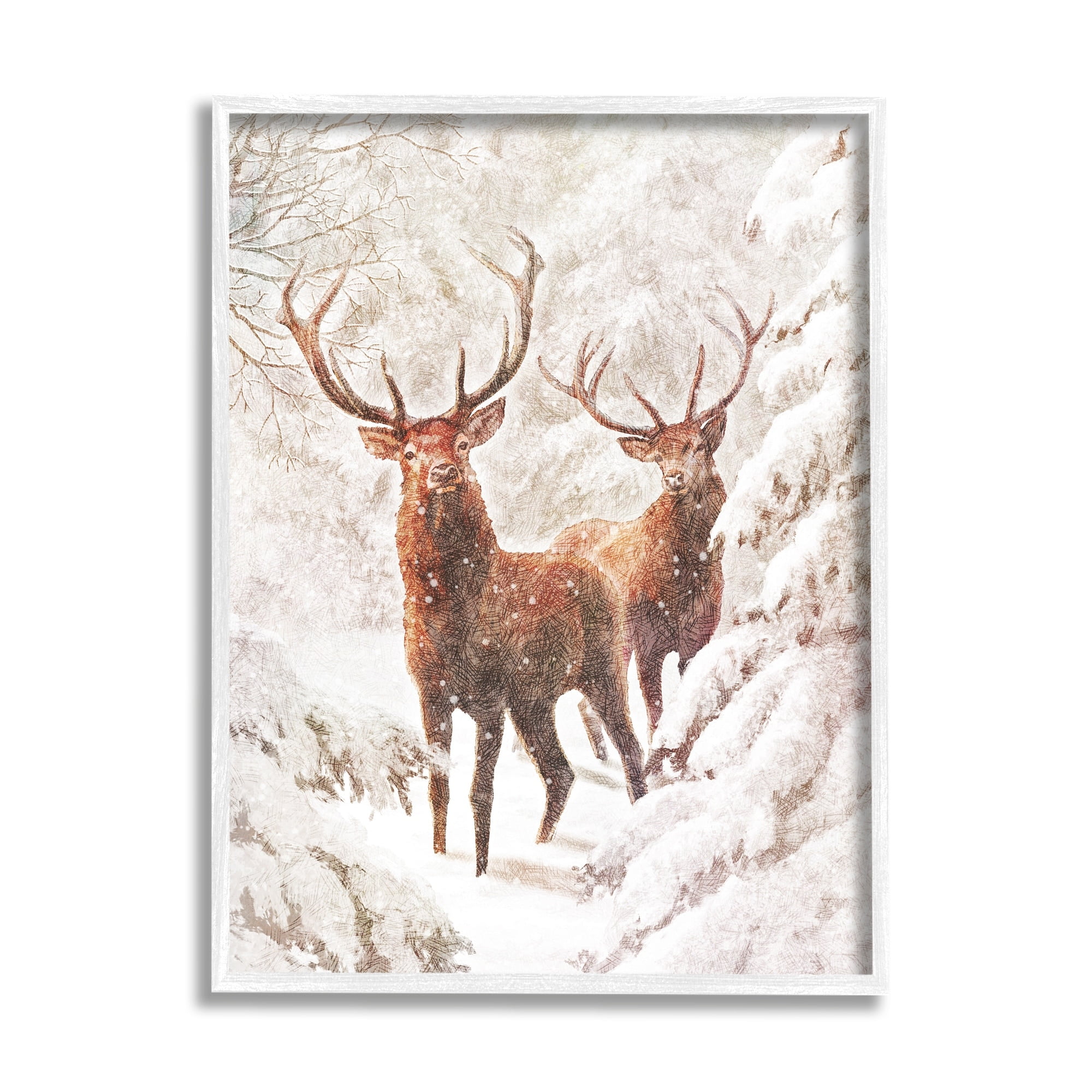 Stupell Industries Elks Snowy Forest Wildlife Holiday Painting White Framed Art Print Wall Art