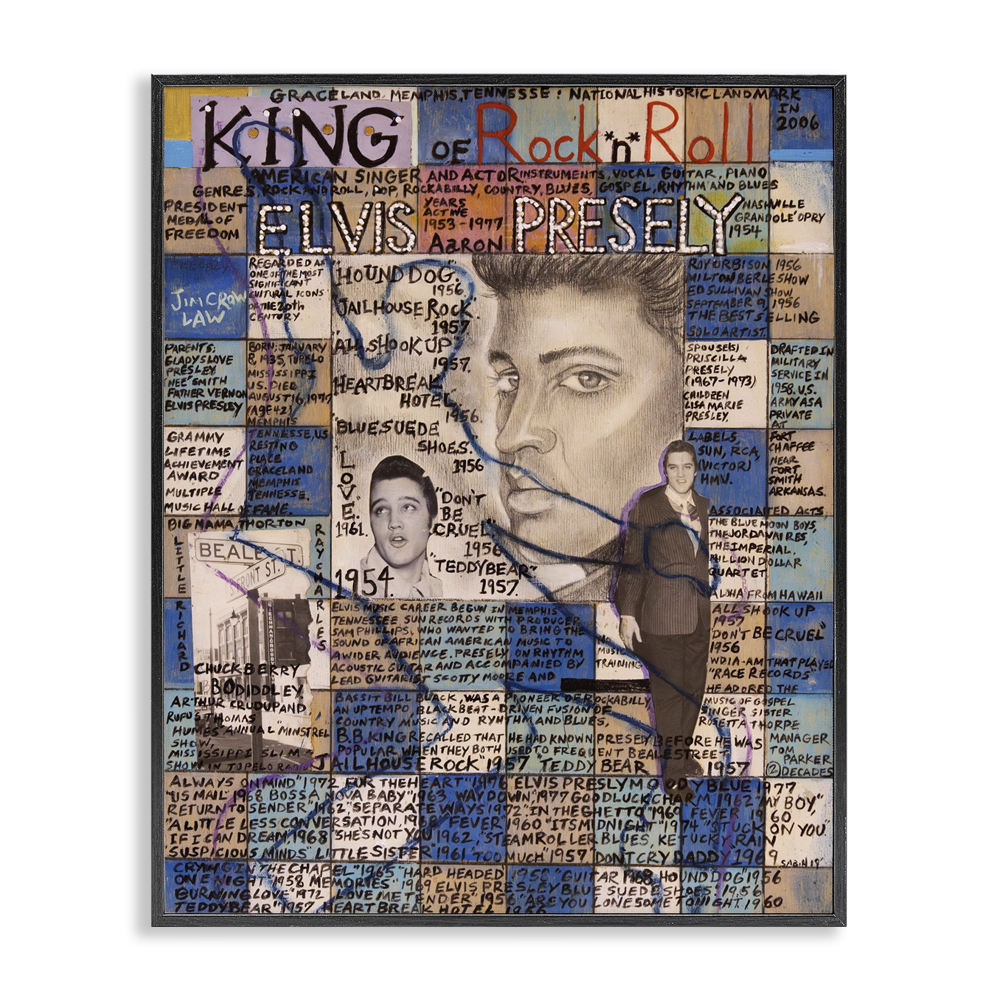 Stupell Industries Elvis Presley Collage People Drawing Black Framed Art Print Wall Art, 24 x 30