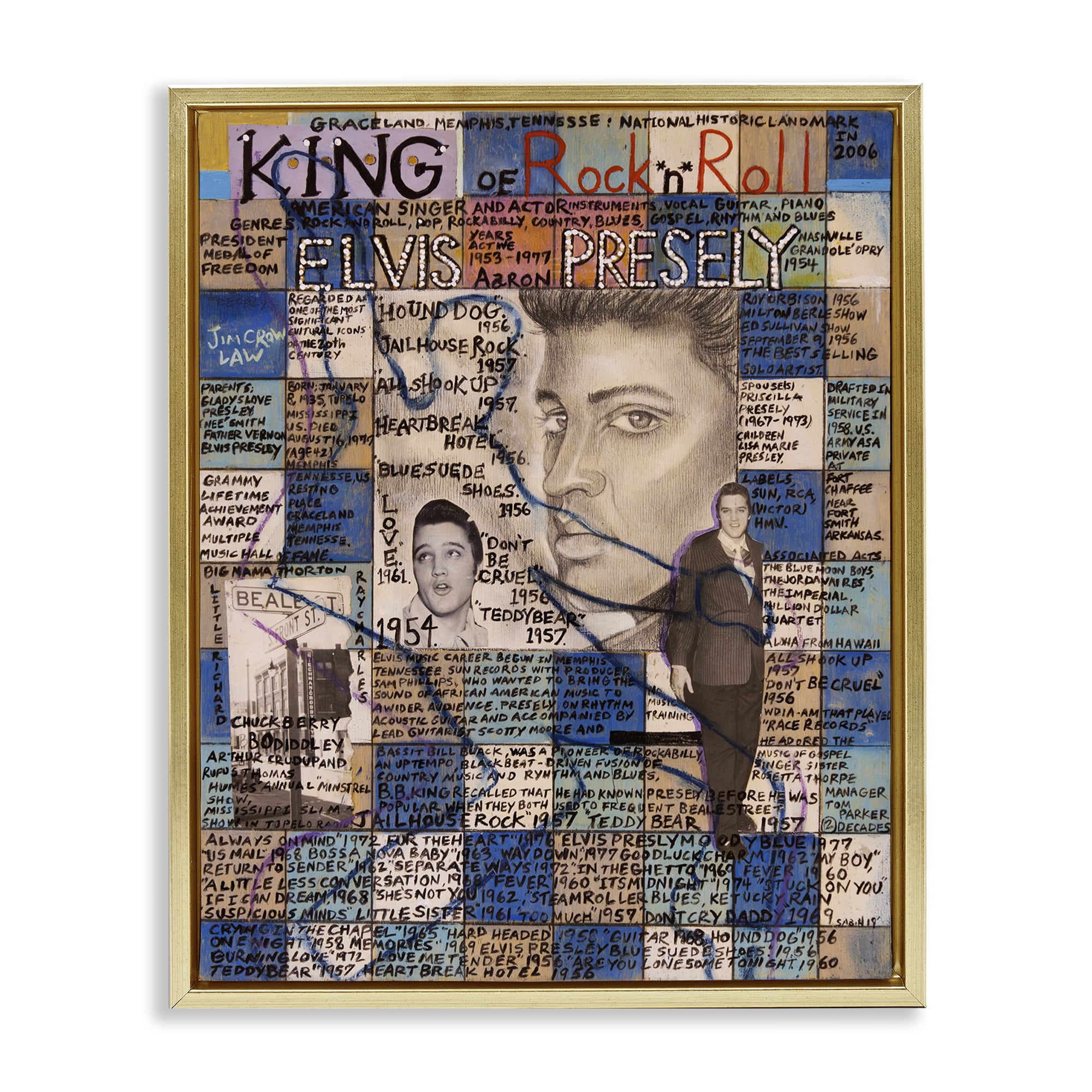 Stupell Industries Elvis Presley Collage People Drawing Gold Floater Framed Canvas Art Print Wall Art, 25 x 31