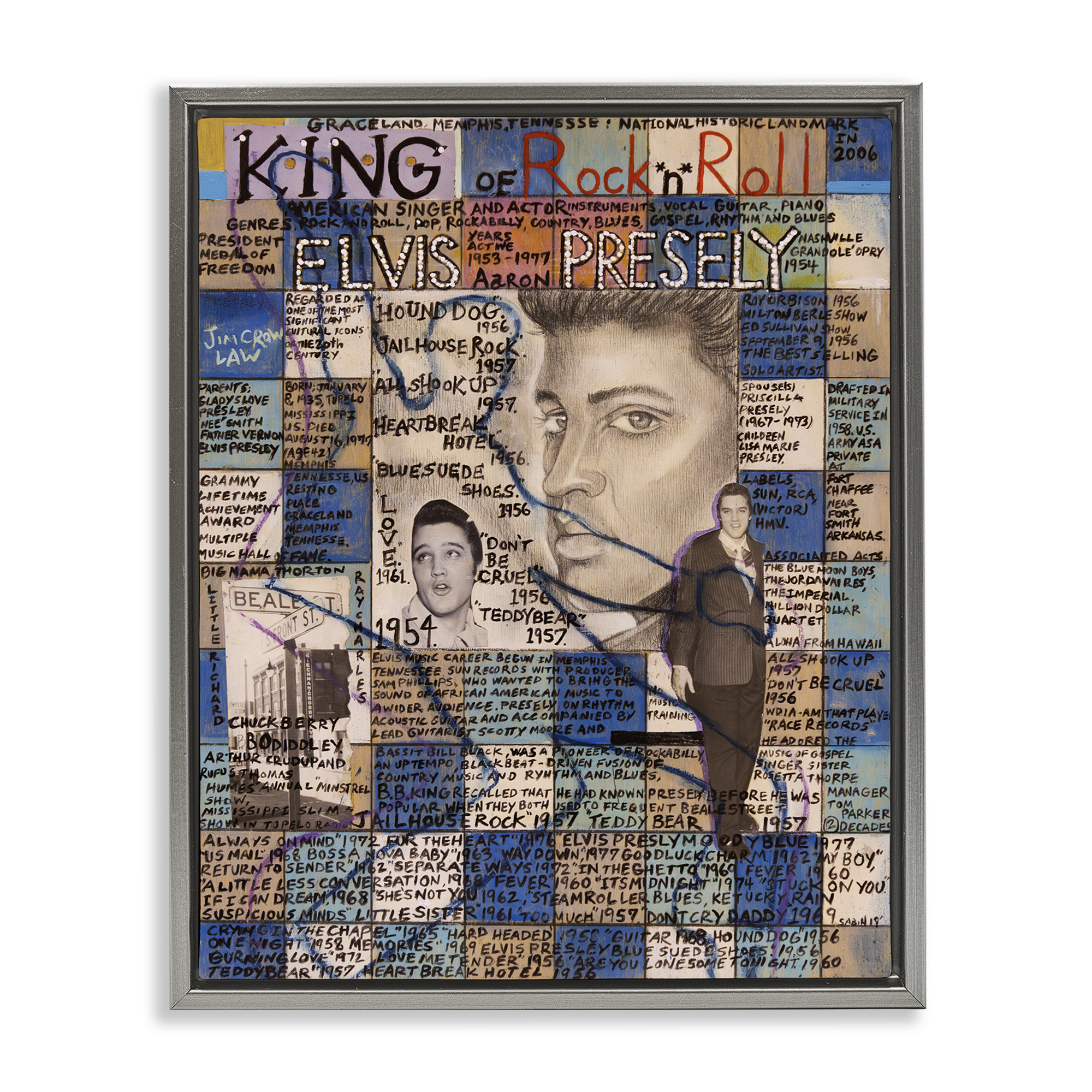 Stupell Industries Elvis Presley Collage People Drawing Gray Floater Framed Canvas Art Print Wall Art, 25 x 31