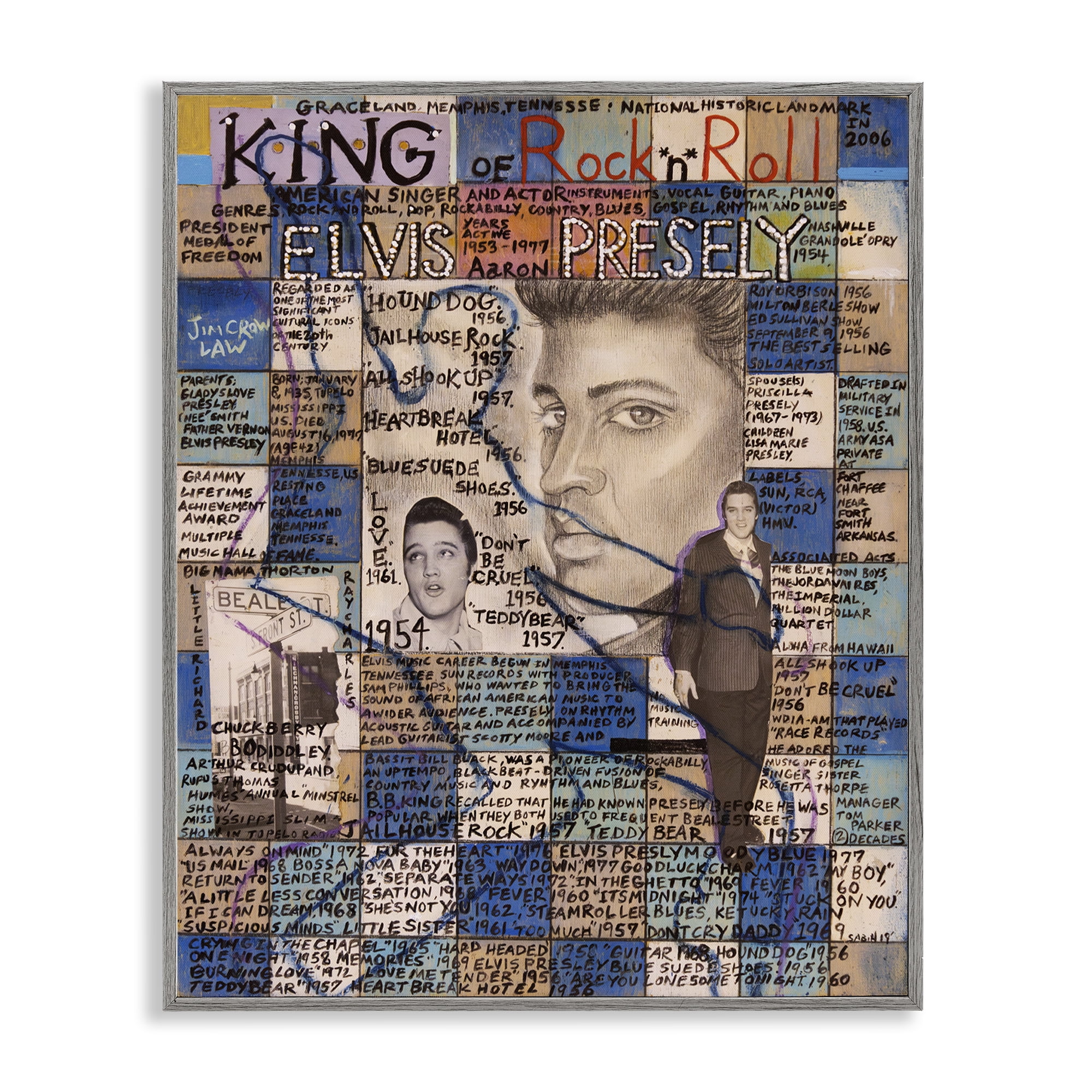 Stupell Industries Elvis Presley Collage People Drawing Gray Framed Art Print Wall Art, 16 x 20