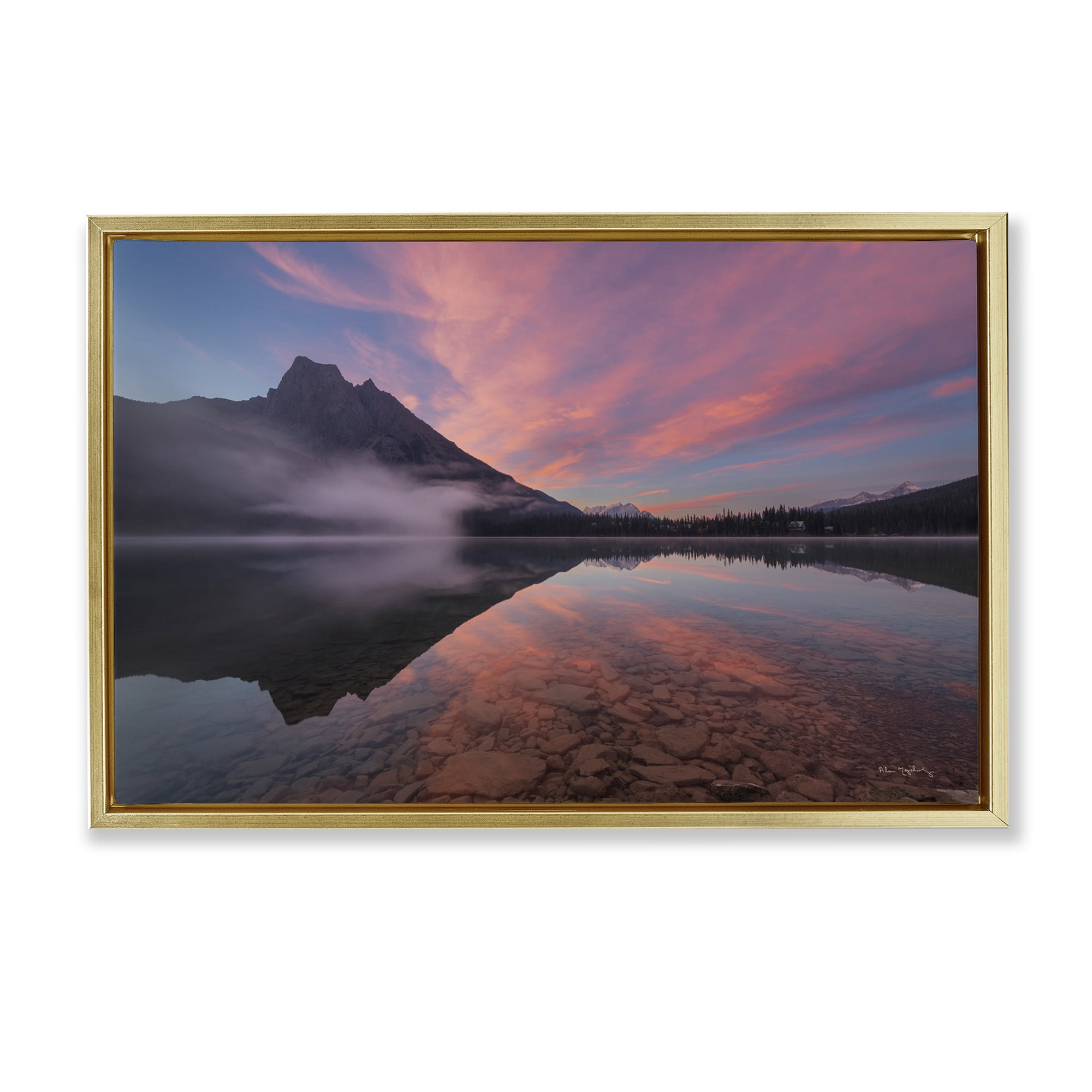 Stupell Industries Emerald Lake Sunset Landscape & Nature Photography Gold Floater Framed Canvas Art Print Wall Art, 31 x 21
