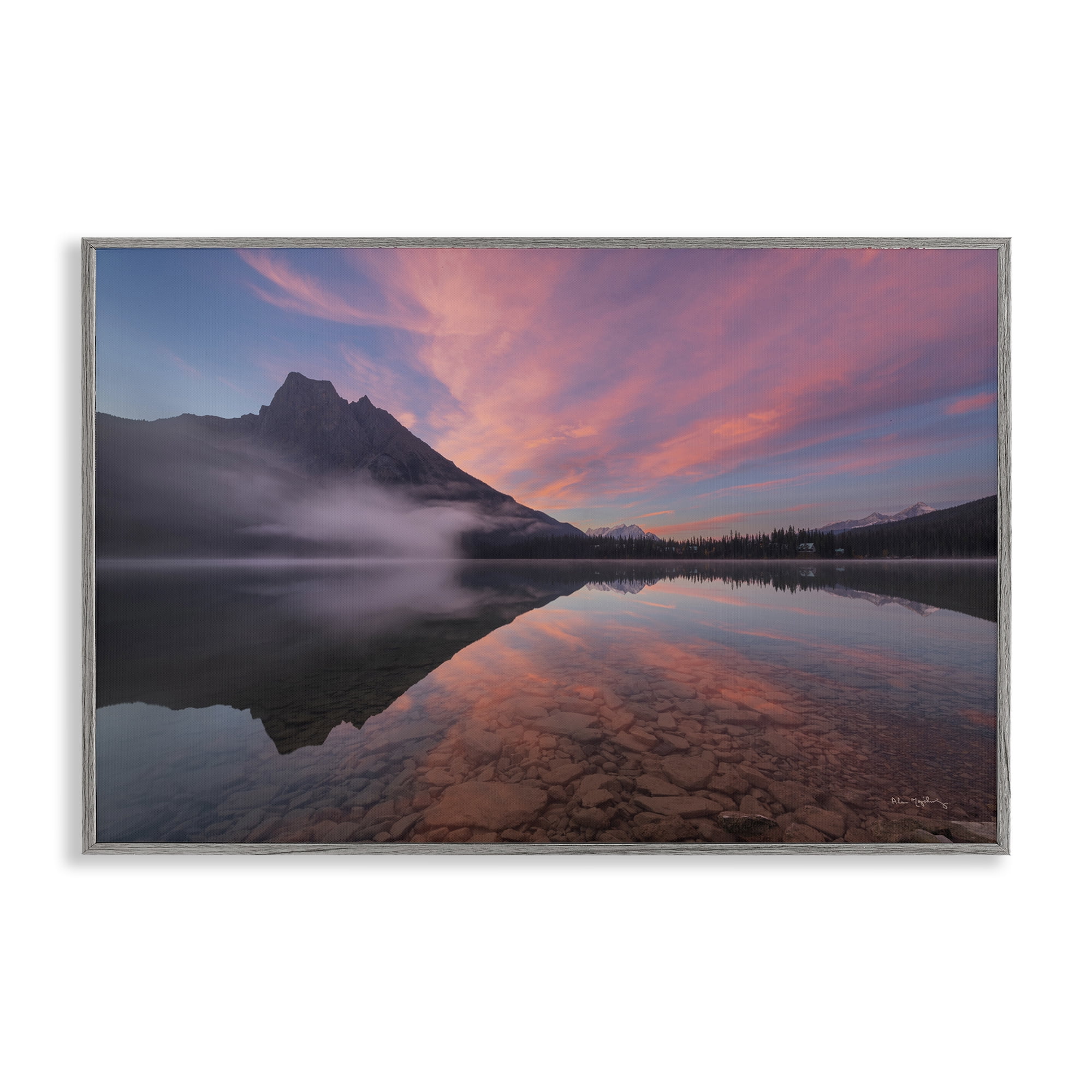 Stupell Industries Emerald Lake Sunset Landscape & Nature Photography Gray Framed Art Print Wall Art, 18 x 12