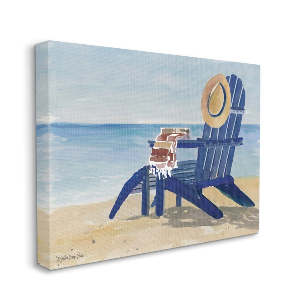 Stupell Industries Empty Blue Beach Chair with Hat Nautical Scene Canvas Wall Art Design by Stellar Design Studio, 30" x 40"
