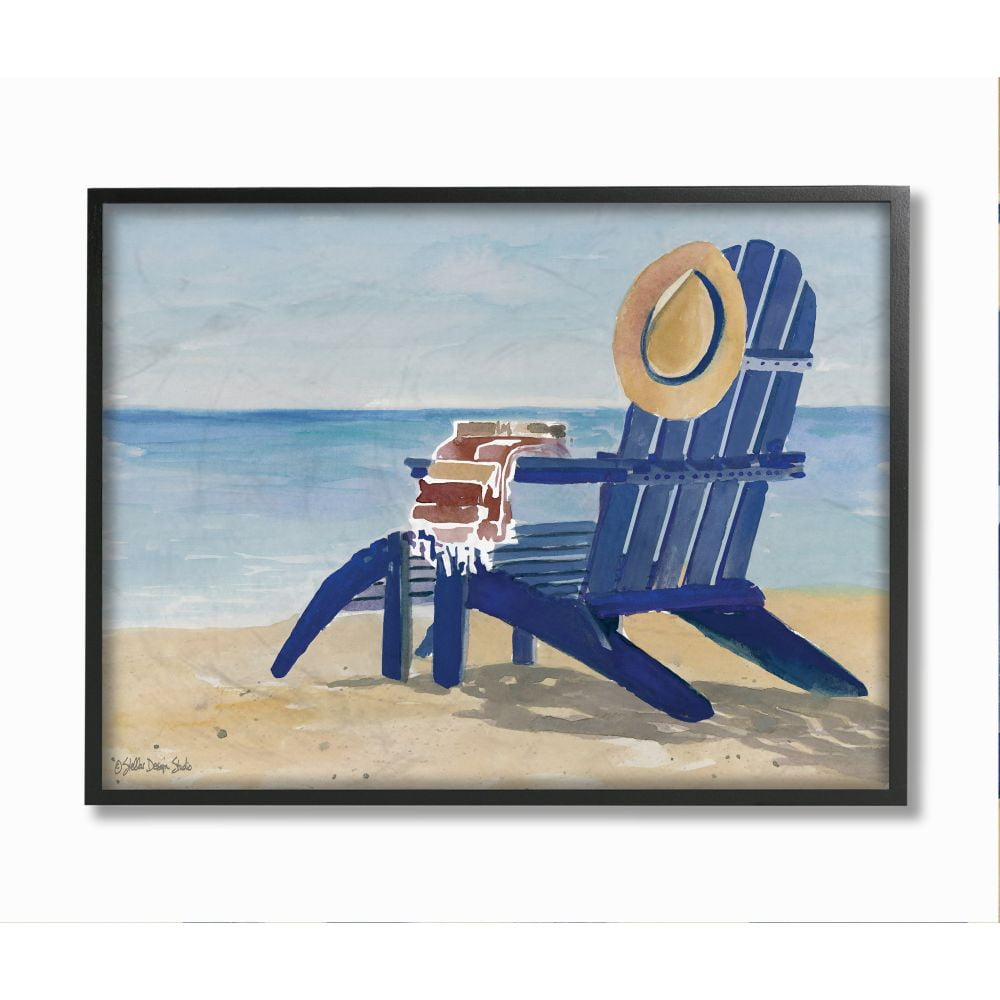 Stupell Industries Empty Blue Beach Chair with Hat Nautical Scene Framed Wall Art Design by Stellar Design Studio, 16 inch x 20 inch, Black Framed, image size:1000x1000