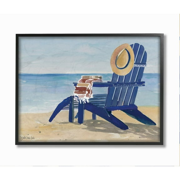 Stupell Industries Empty Blue Beach Chair with Hat Nautical Scene Framed Wall Art Design by Stellar Design Studio, 16" x 20", Black Framed