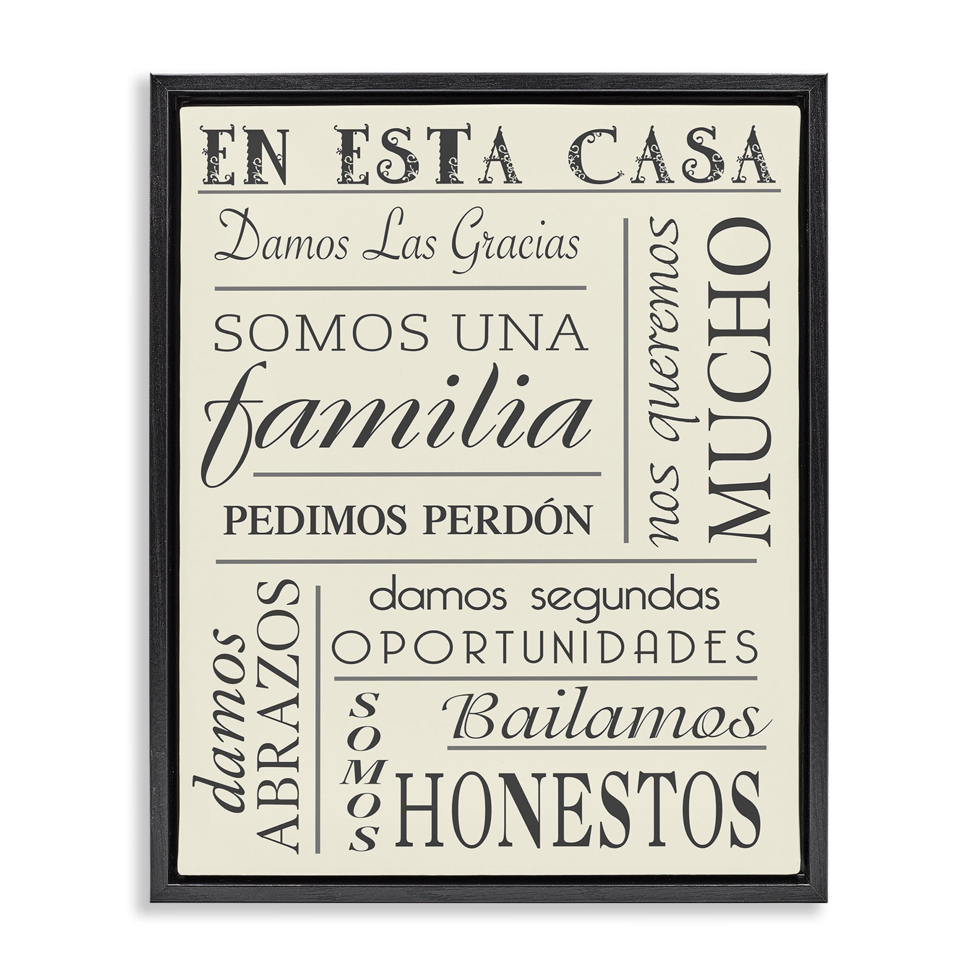 Stupell Industries En Esta Casa Familia Inspirational Quotes & Sayings Painting Black Floater Framed Art Print Wall Art, 17 x 21