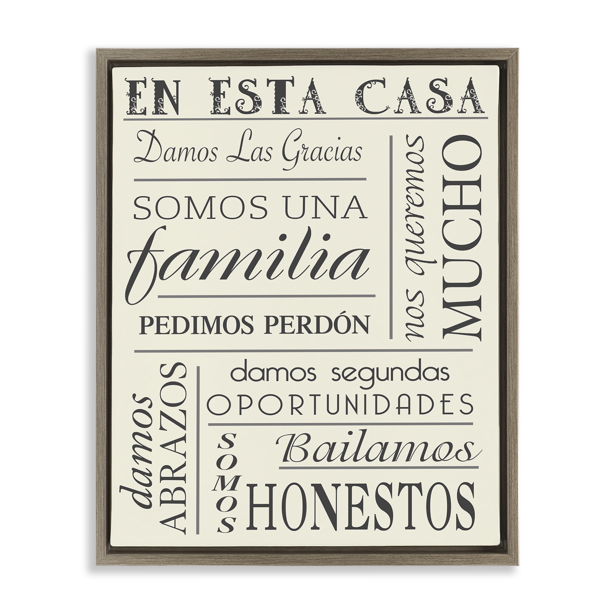 Stupell Industries En Esta Casa Familia Inspirational Quotes & Sayings Painting Brown Floater Framed Art Print Wall Art, 17 x 21