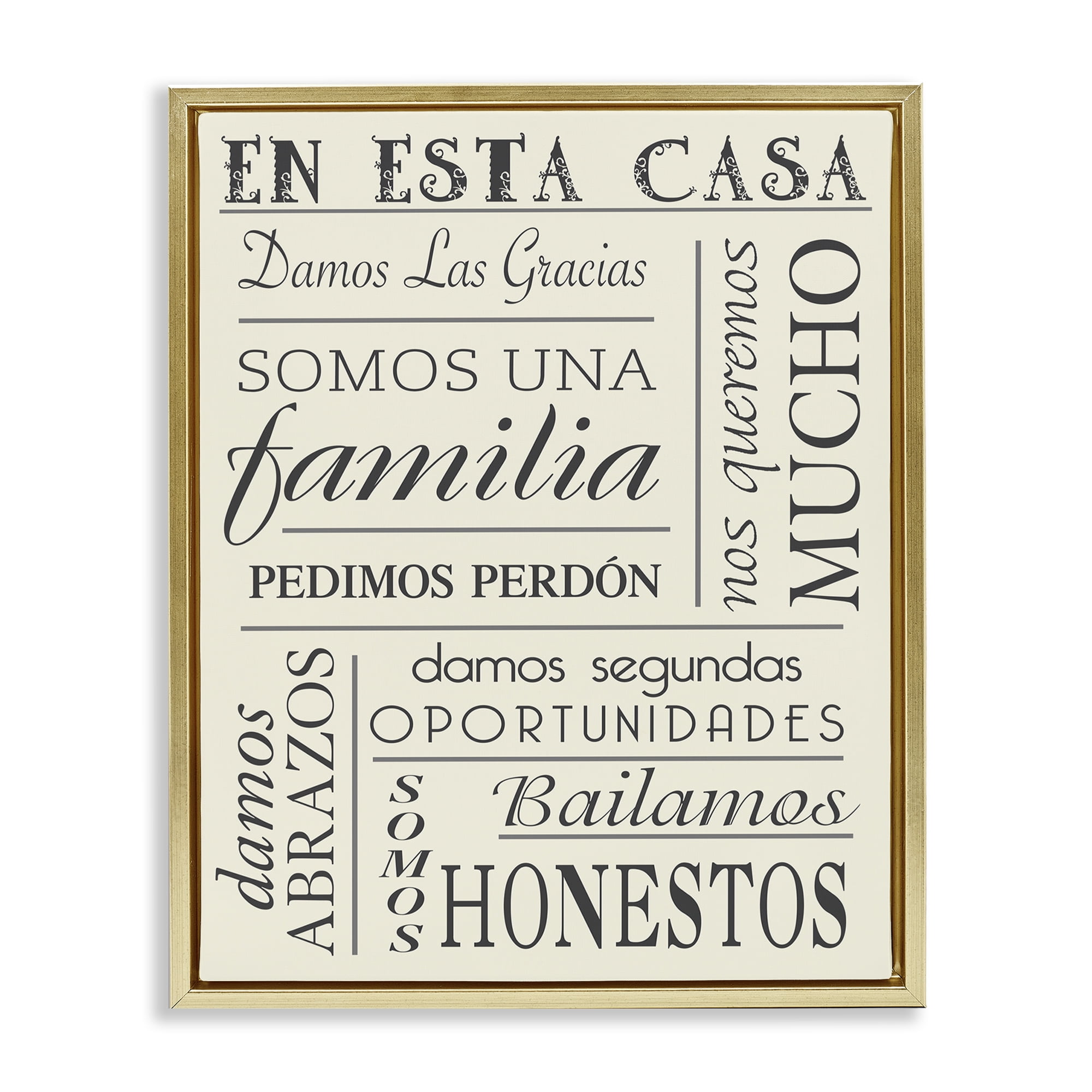 Stupell Industries En Esta Casa Familia Inspirational Quotes & Sayings Painting Gold Floater Framed Art Print Wall Art, 25 x 31