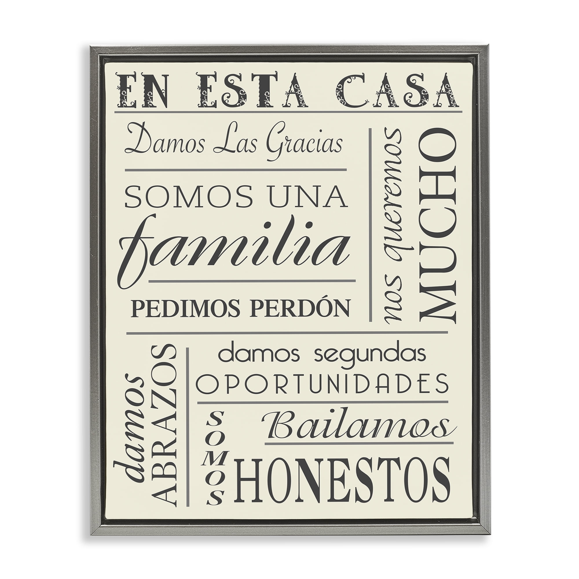 Stupell Industries En Esta Casa Familia Inspirational Quotes & Sayings Painting Gray Floater Framed Art Print Wall Art, 17 x 21