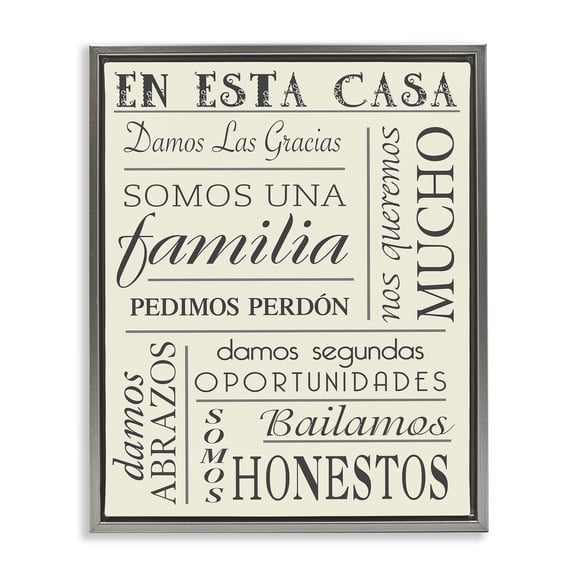 Stupell Industries En Esta Casa Familia Inspirational Quotes & Sayings Painting Gray Floater Framed Art Print Wall Art, 17 x 21