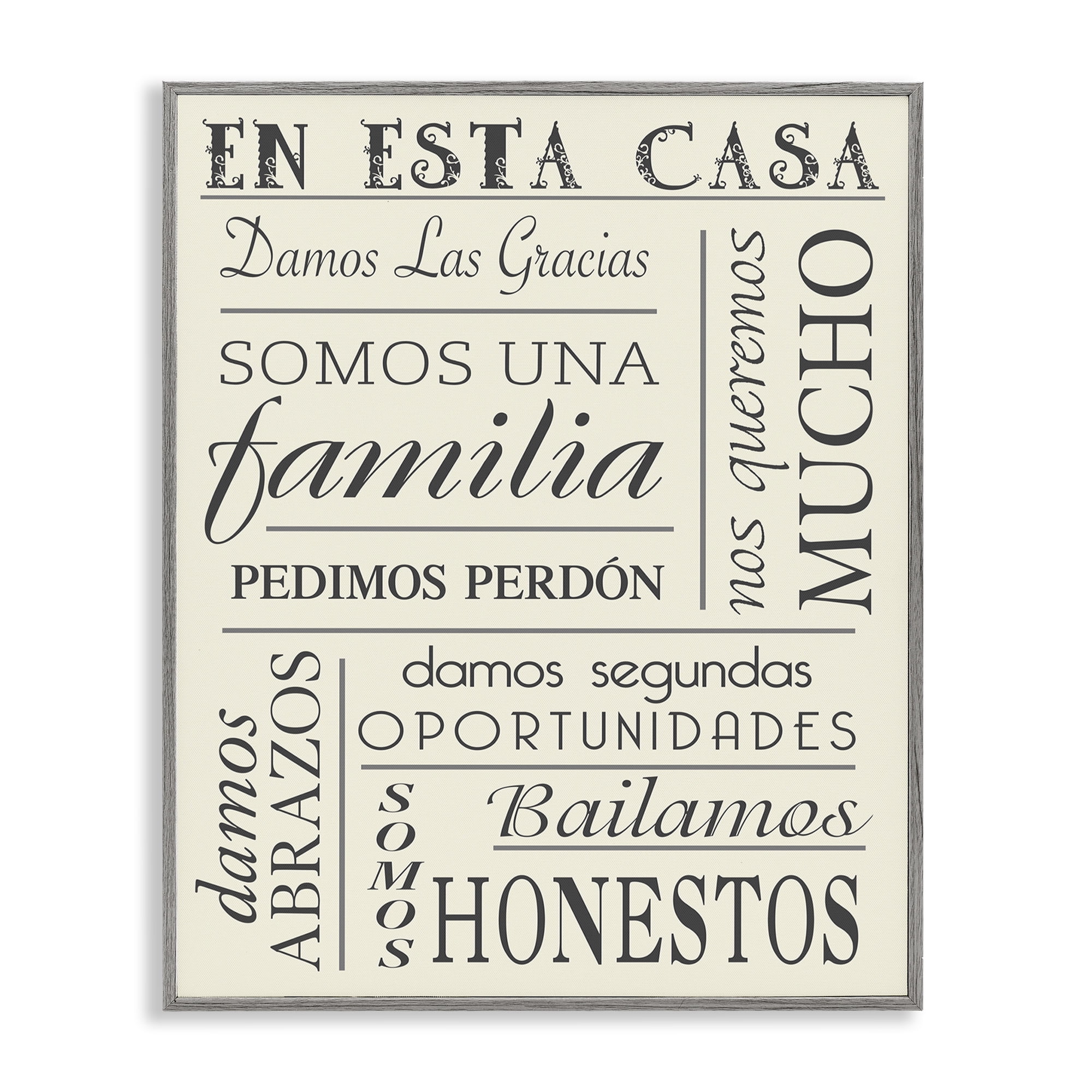 Stupell Industries En Esta Casa Familia Inspirational Quotes & Sayings Painting Gray Framed Art Print Wall Art, 24 x 30