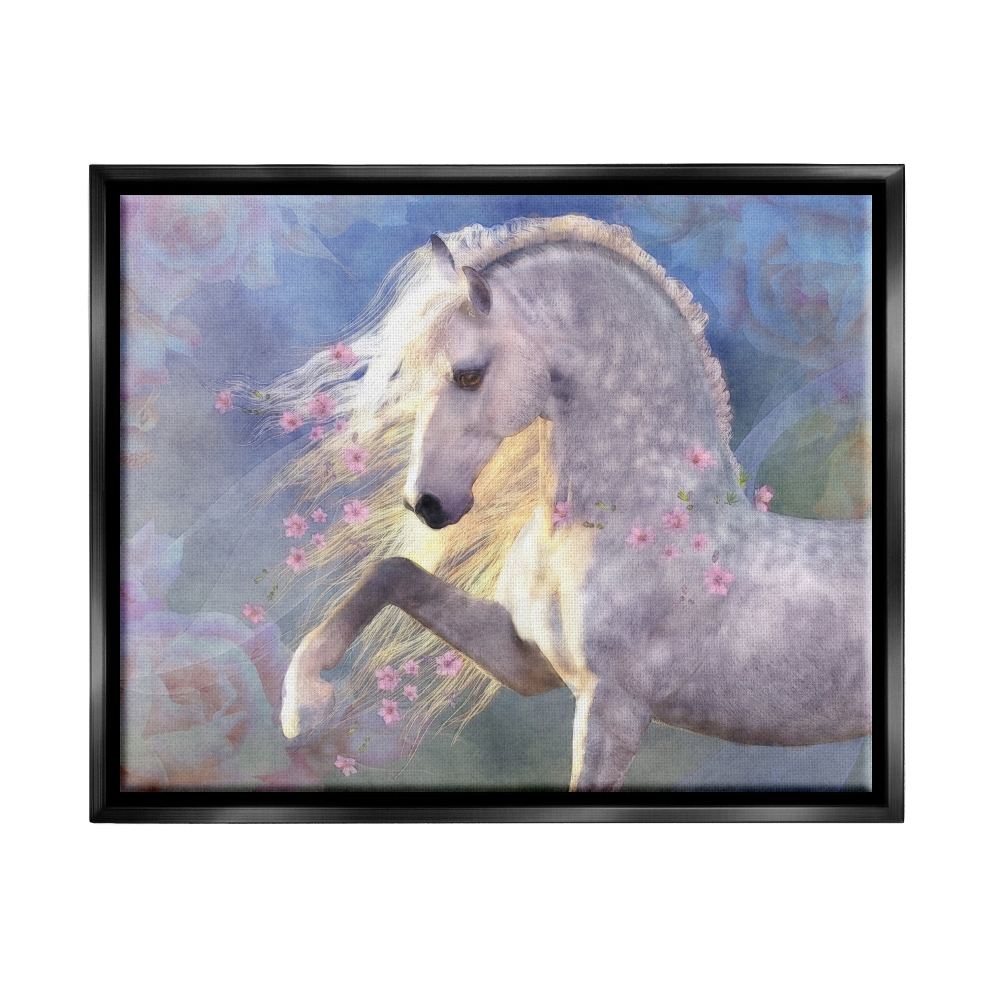 Stupell Industries Encantada Floral Horse Animals & Insects Painting Black Floater Framed Canvas Art Print Wall Art, 21 x 17