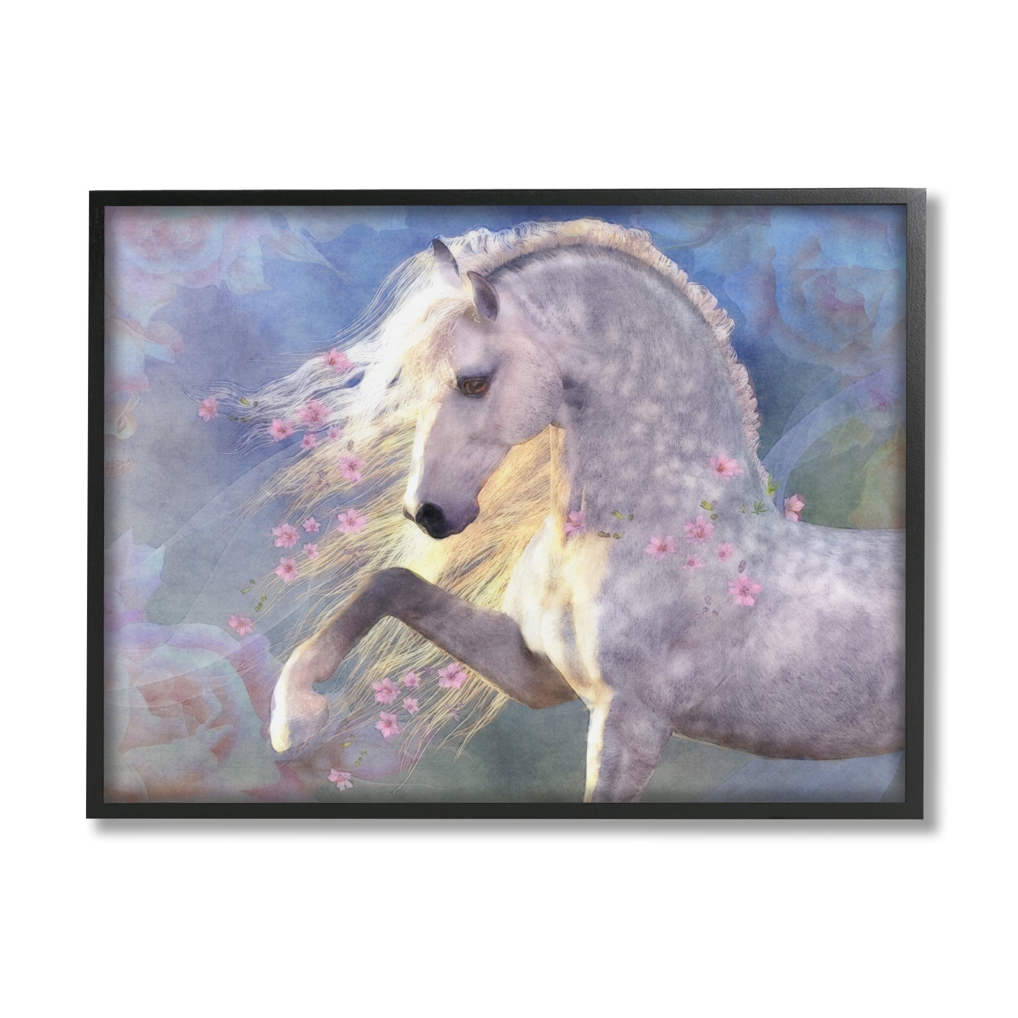 Stupell Industries Encantada Floral Horse Animals & Insects Painting Black Framed Art Print Wall Art, 30 x 24