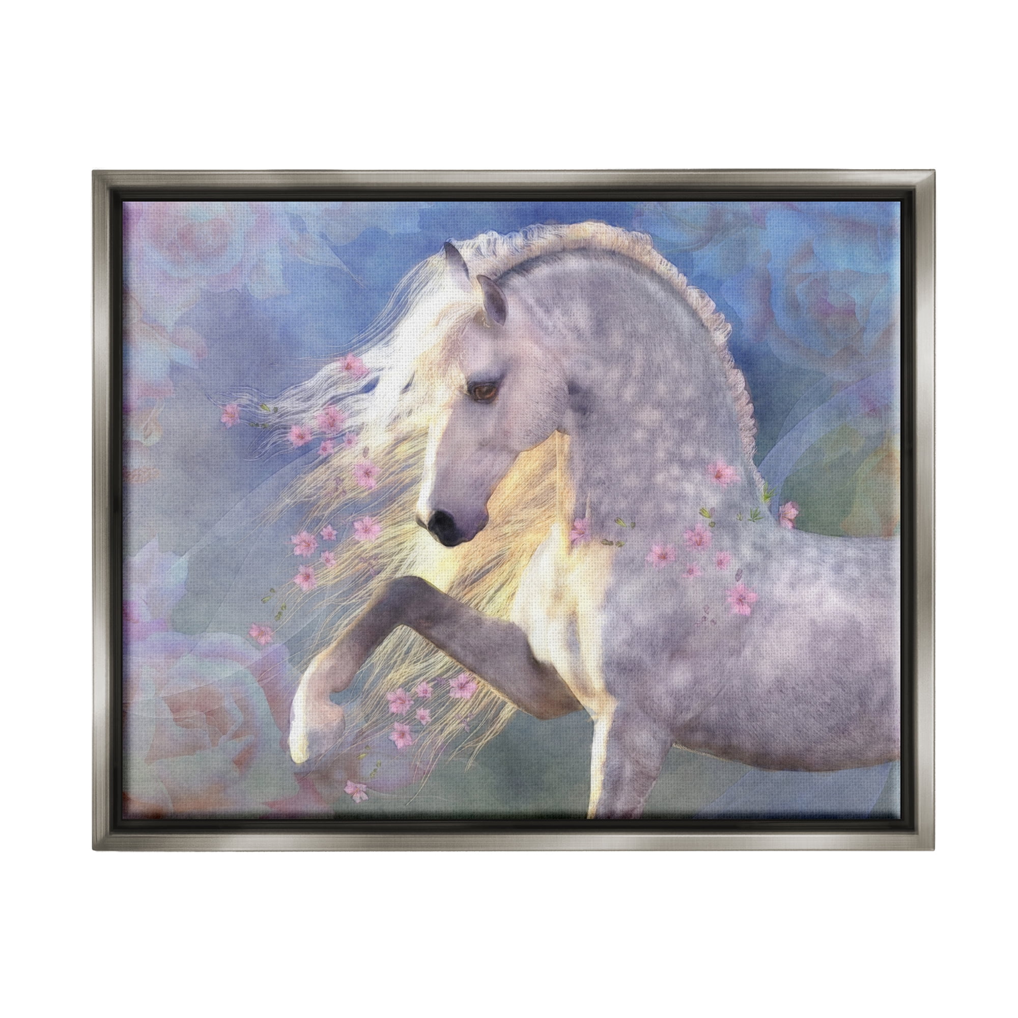 Stupell Industries Encantada Floral Horse Animals & Insects Painting Gray Floater Framed Canvas Art Print Wall Art, 21 x 17