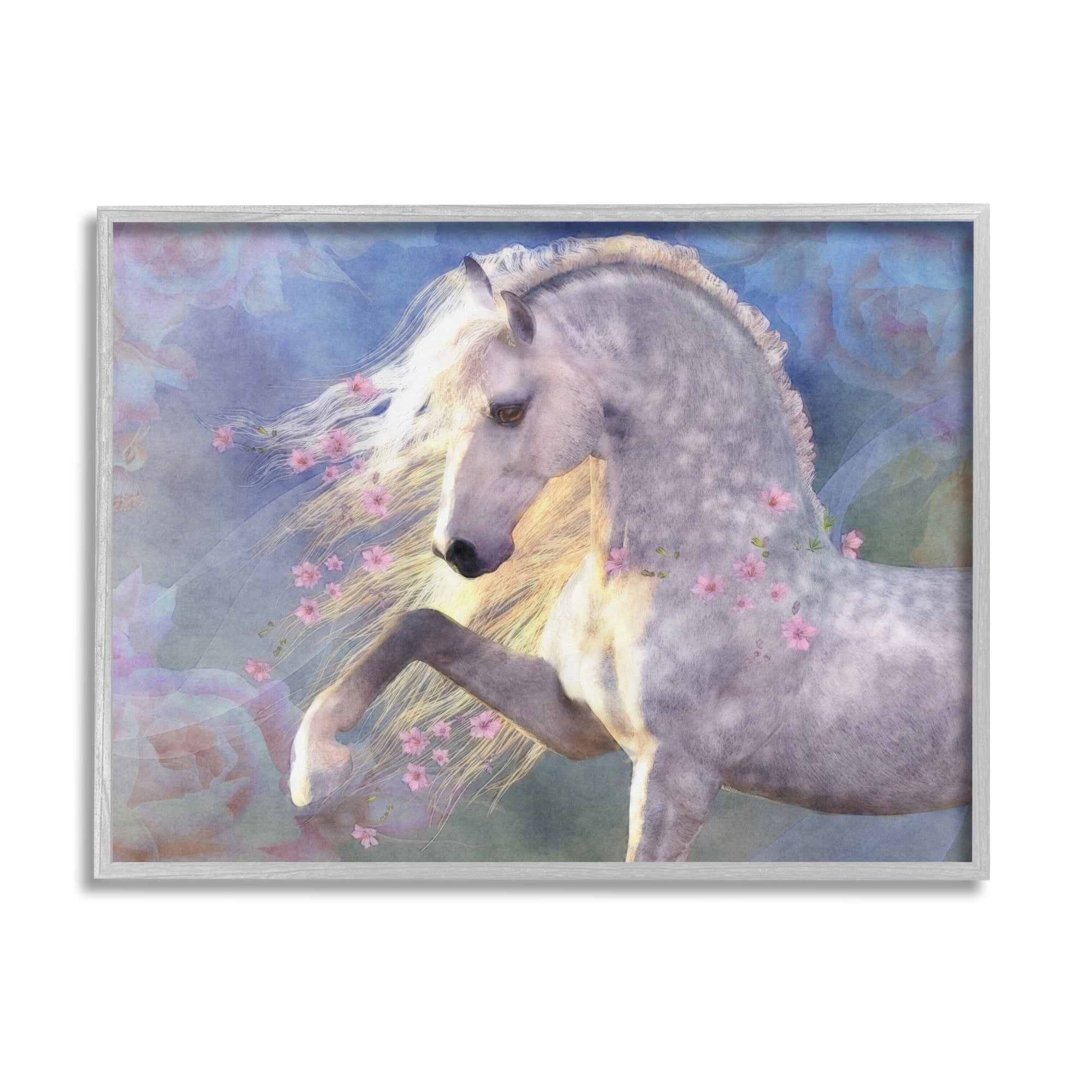Stupell Industries Encantada Floral Horse Animals & Insects Painting Gray Framed Art Print Wall Art, 20 x 16