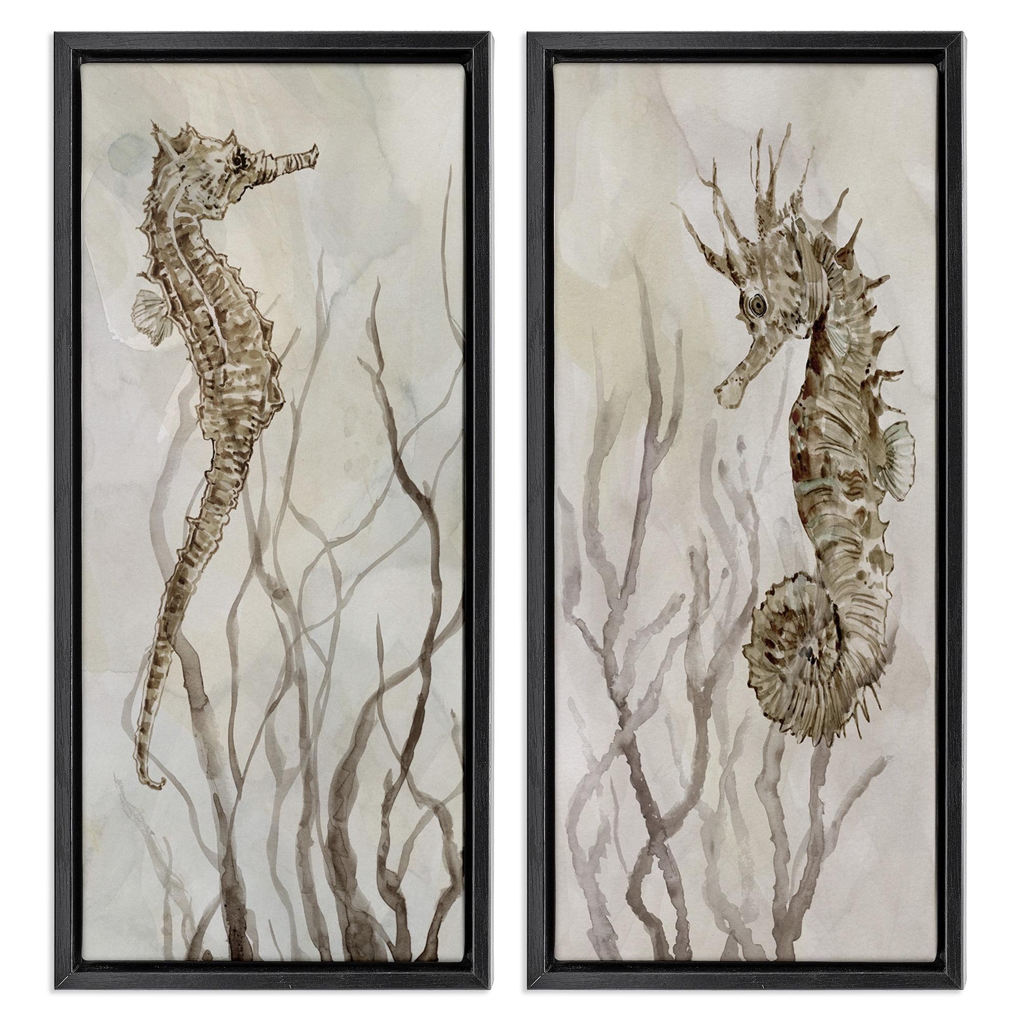 Stupell Industries Enchanted Sea Horse & Ocean Algae Animals & Insects Painting Black Floater Framed Canvas Art Print Wall Art, 11 x 25, Set of 2