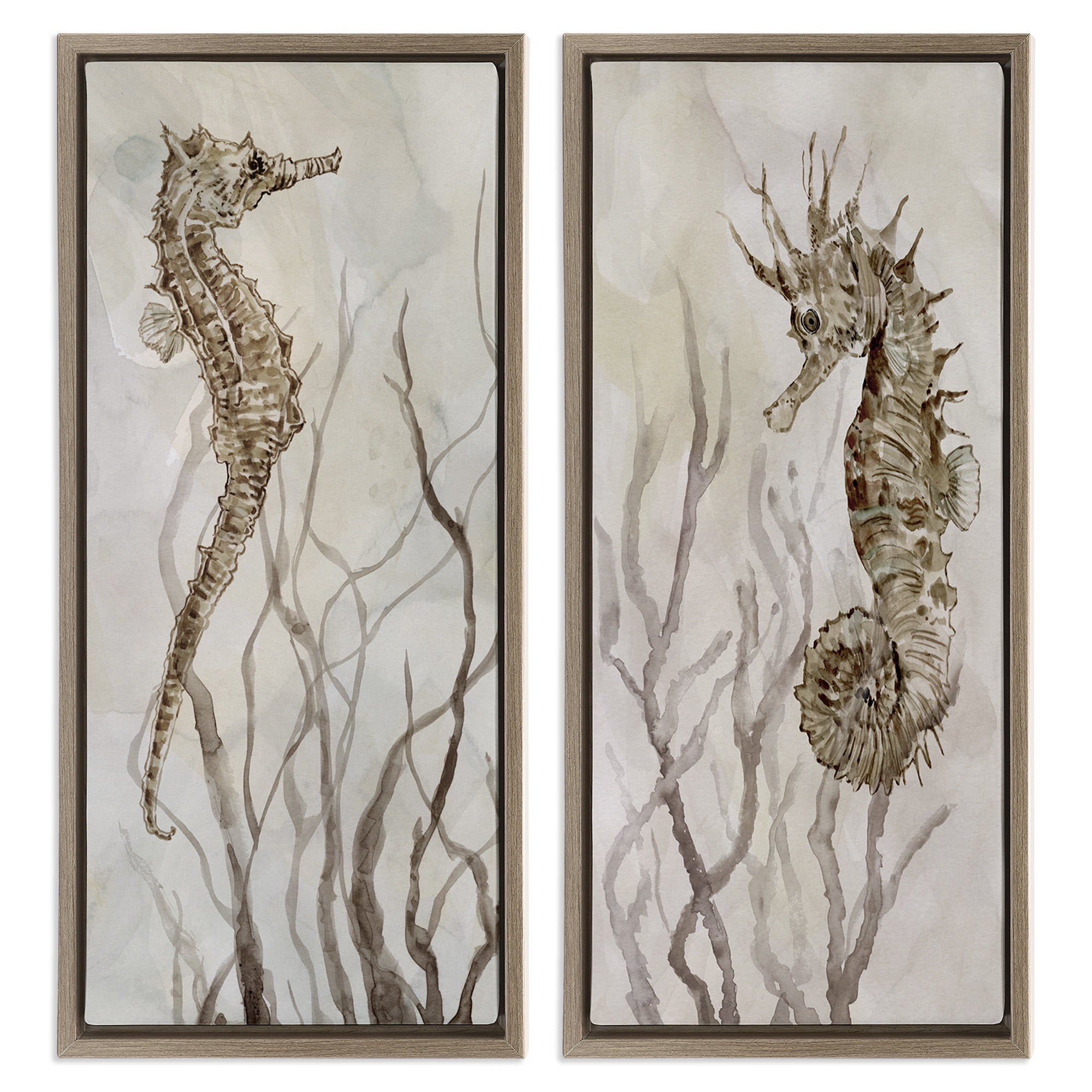 Stupell Industries Enchanted Sea Horse & Ocean Algae Animals & Insects Painting Brown Floater Framed Canvas Art Print Wall Art, 15 x 31, Set of 2