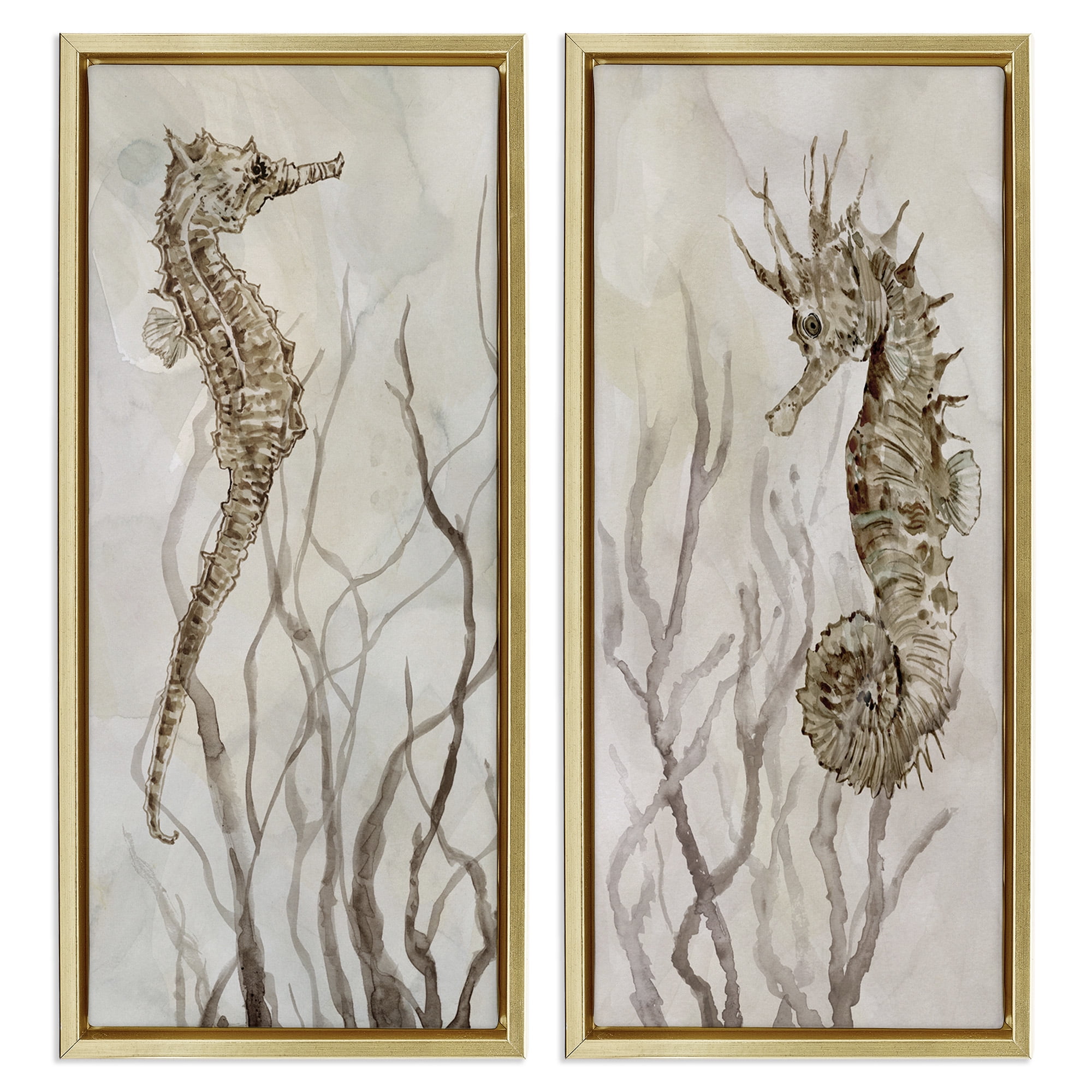 Stupell Industries Enchanted Sea Horse & Ocean Algae Animals & Insects Painting Gold Floater Framed Canvas Art Print Wall Art, 11 x 25, Set of 2