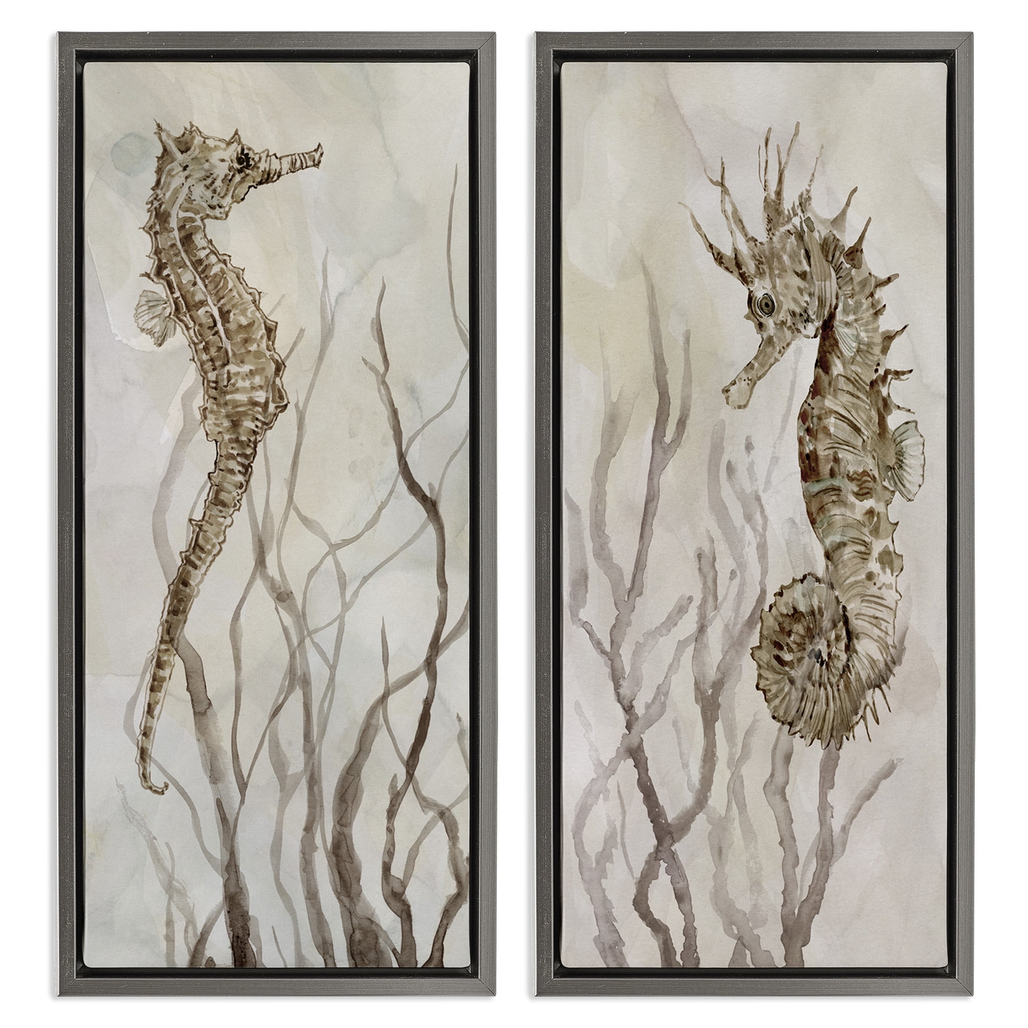 Stupell Industries Enchanted Sea Horse & Ocean Algae Animals & Insects Painting Gray Floater Framed Canvas Art Print Wall Art, 11 x 25, Set of 2