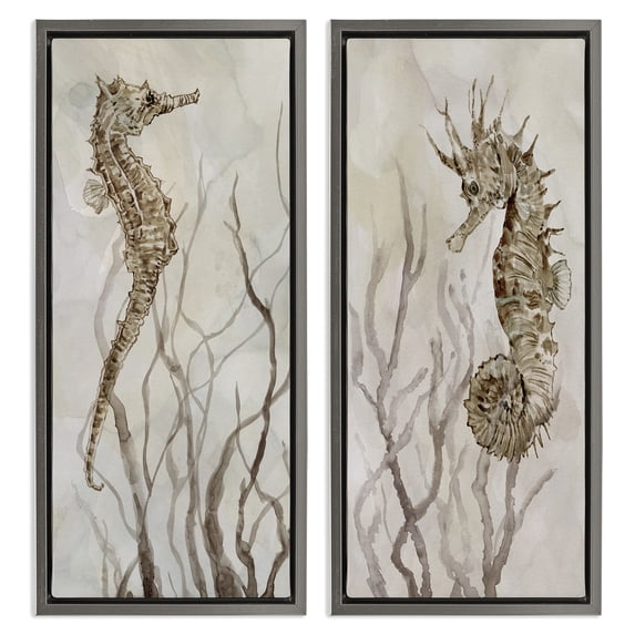 Stupell Industries Enchanted Sea Horse & Ocean Algae Animals & Insects Painting Gray Floater Framed Canvas Art Print Wall Art, 11 x 25, Set of 2
