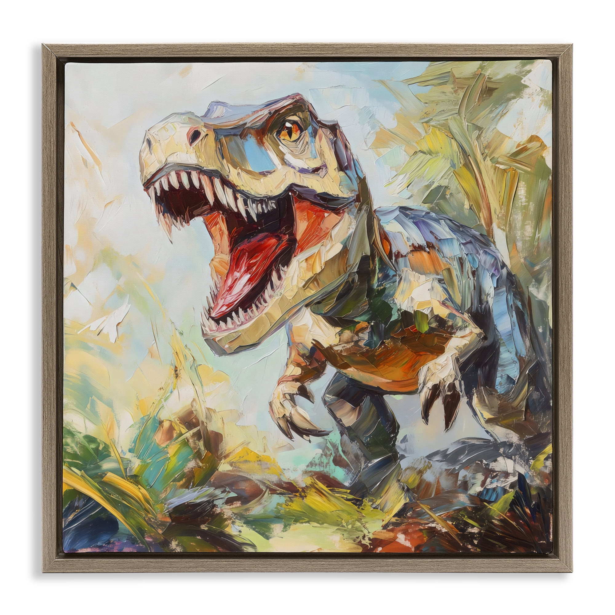 Stupell Industries Enchanting T-Rex Roar Brown Framed Floater Canvas Wall Art, design by Creative Studio