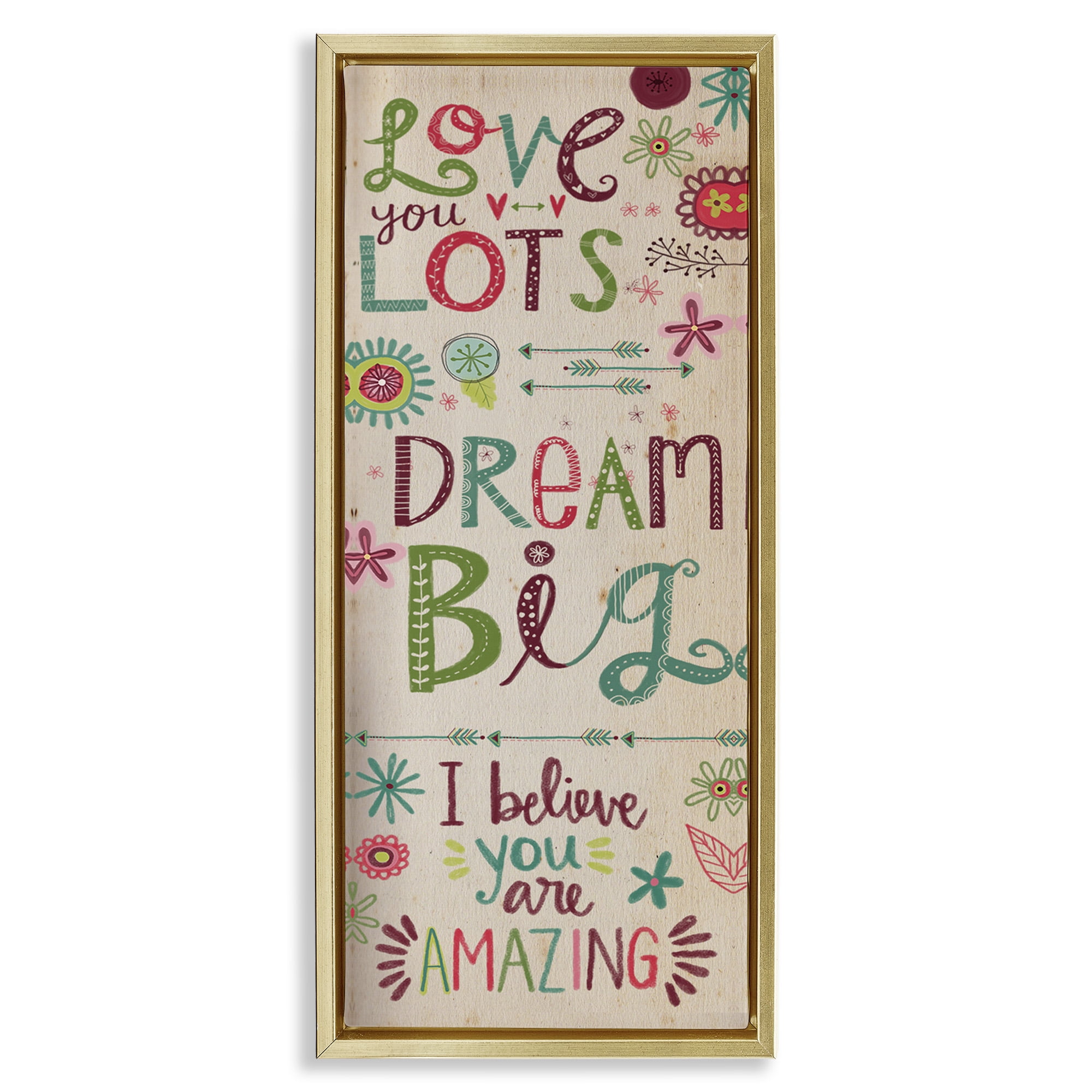 Stupell Industries Encouraging Floral Dream Big Art for Kids Painting Gold Floater Framed Canvas Art Print Wall Art, 15 x 31