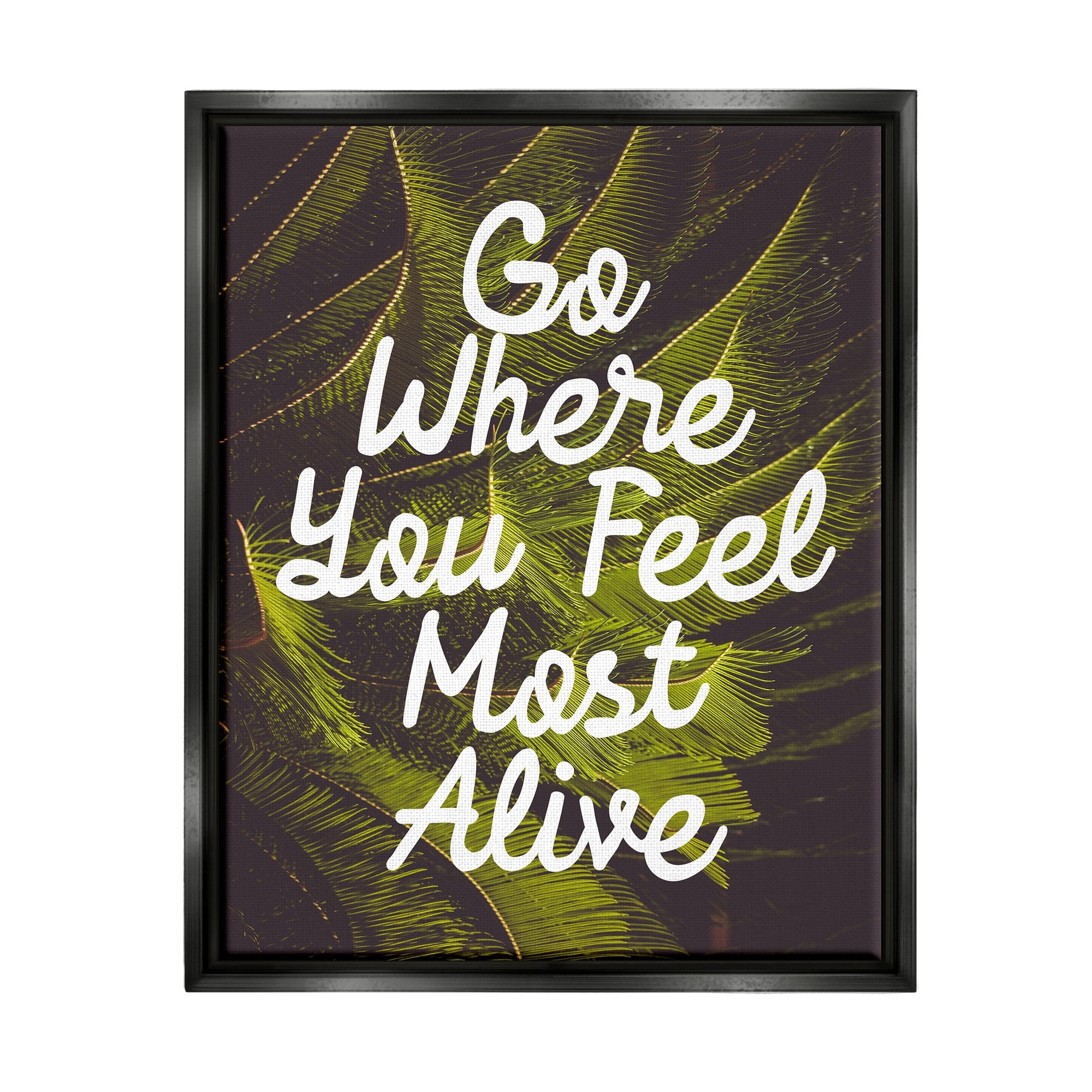 Stupell Industries Encouraging Life Calligraphy Quote Botanical Plant Leaf Graphic Art Jet Black Floating Framed Canvas Print Wall Art, Design by Daphne Polselli