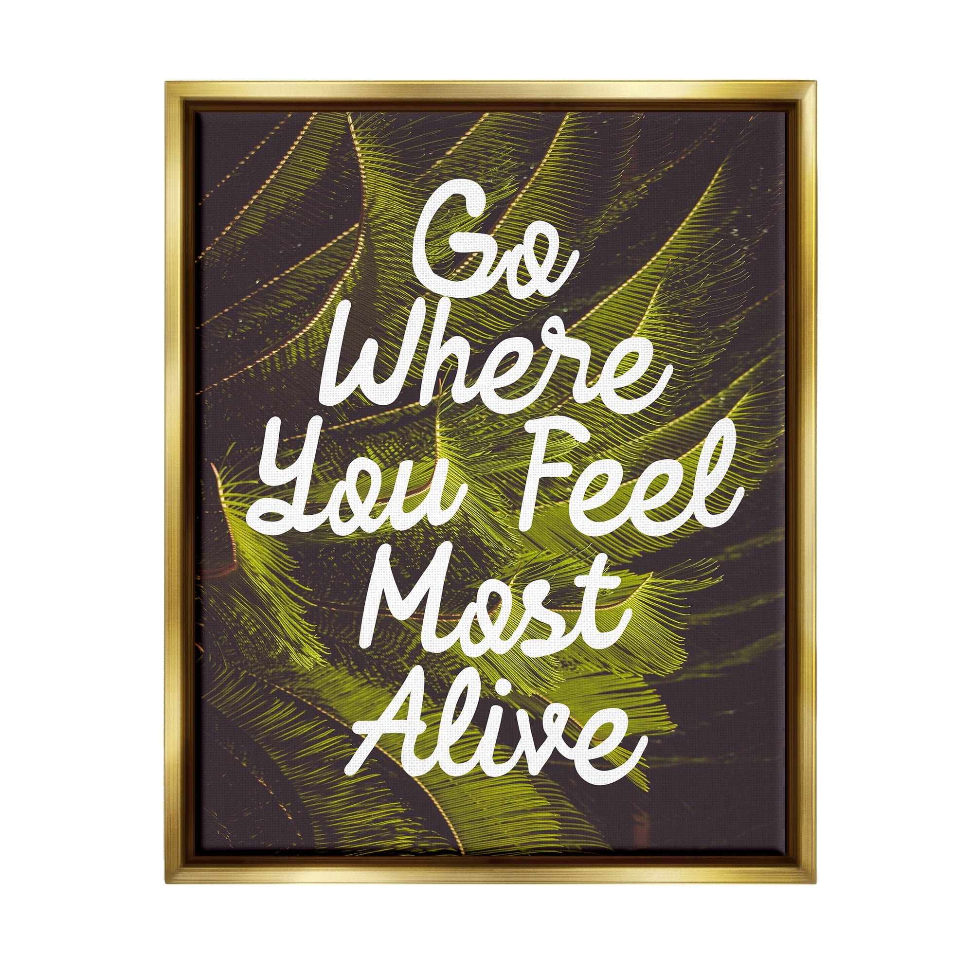 Stupell Industries Encouraging Life Calligraphy Quote Botanical Plant Leaf Graphic Art Metallic Gold Floating Framed Canvas Print Wall Art, Design by Daphne Polselli