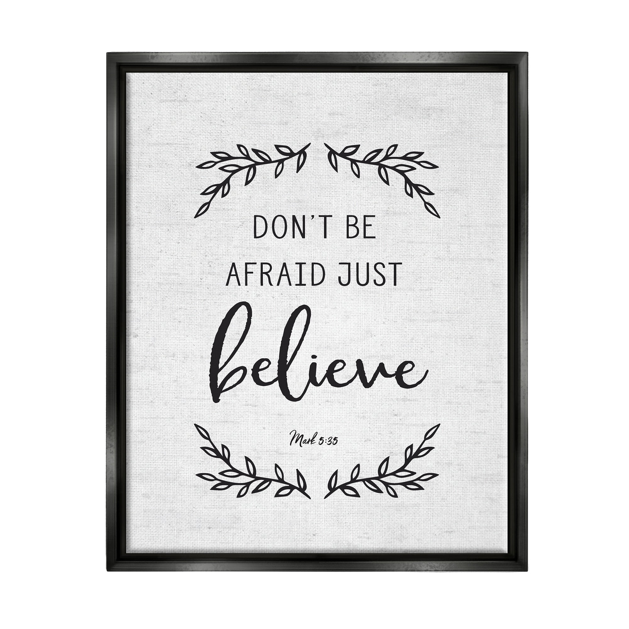 Stupell Industries Encouraging Scripture Verse Quote Casual Leaf Sprigs Graphic Art Jet Black Floating Framed Canvas Print Wall Art, Design by Lettered and Lined