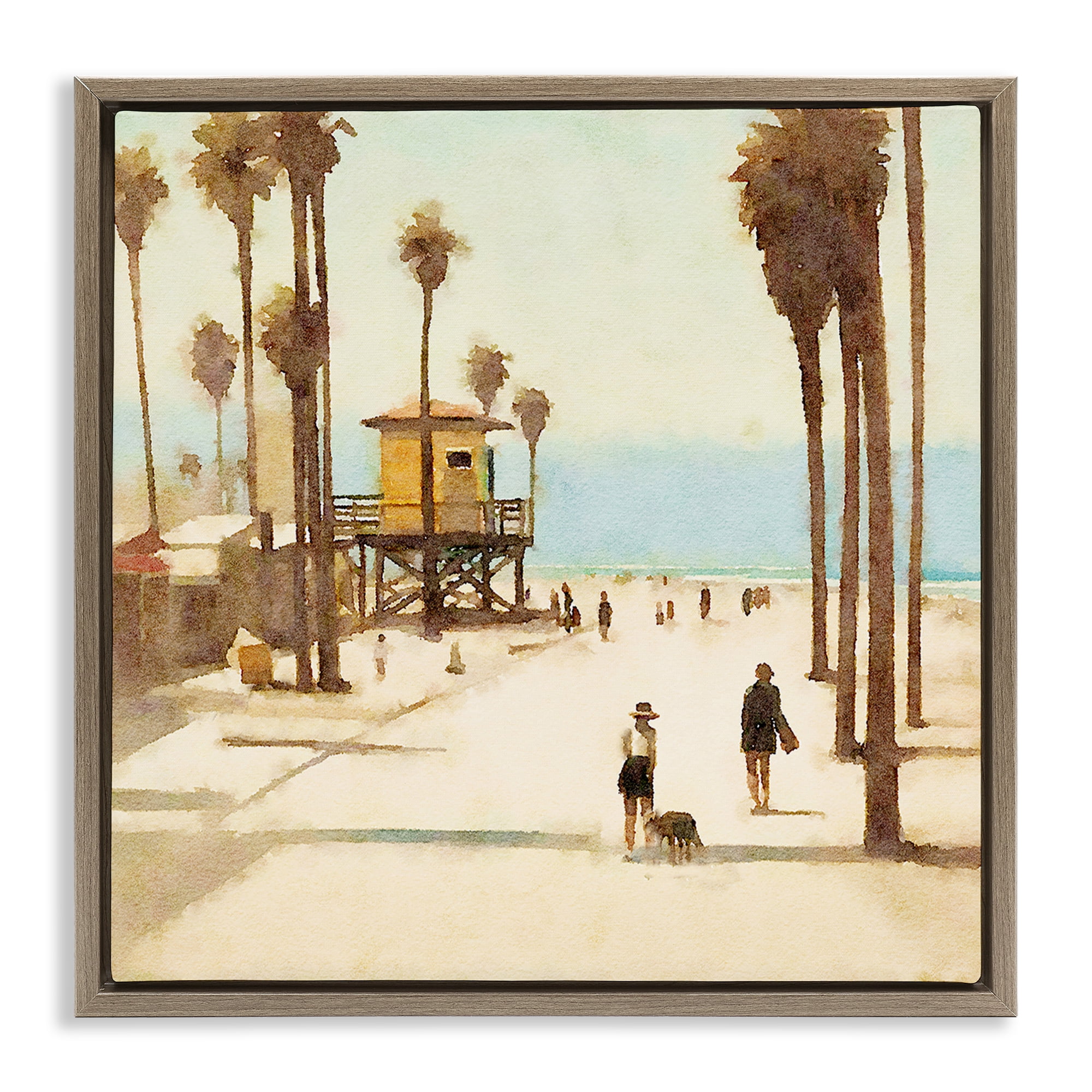 Stupell Industries End Of Road Beach People Painting Brown Floater Framed Canvas Art Print Wall Art, 18 x 18