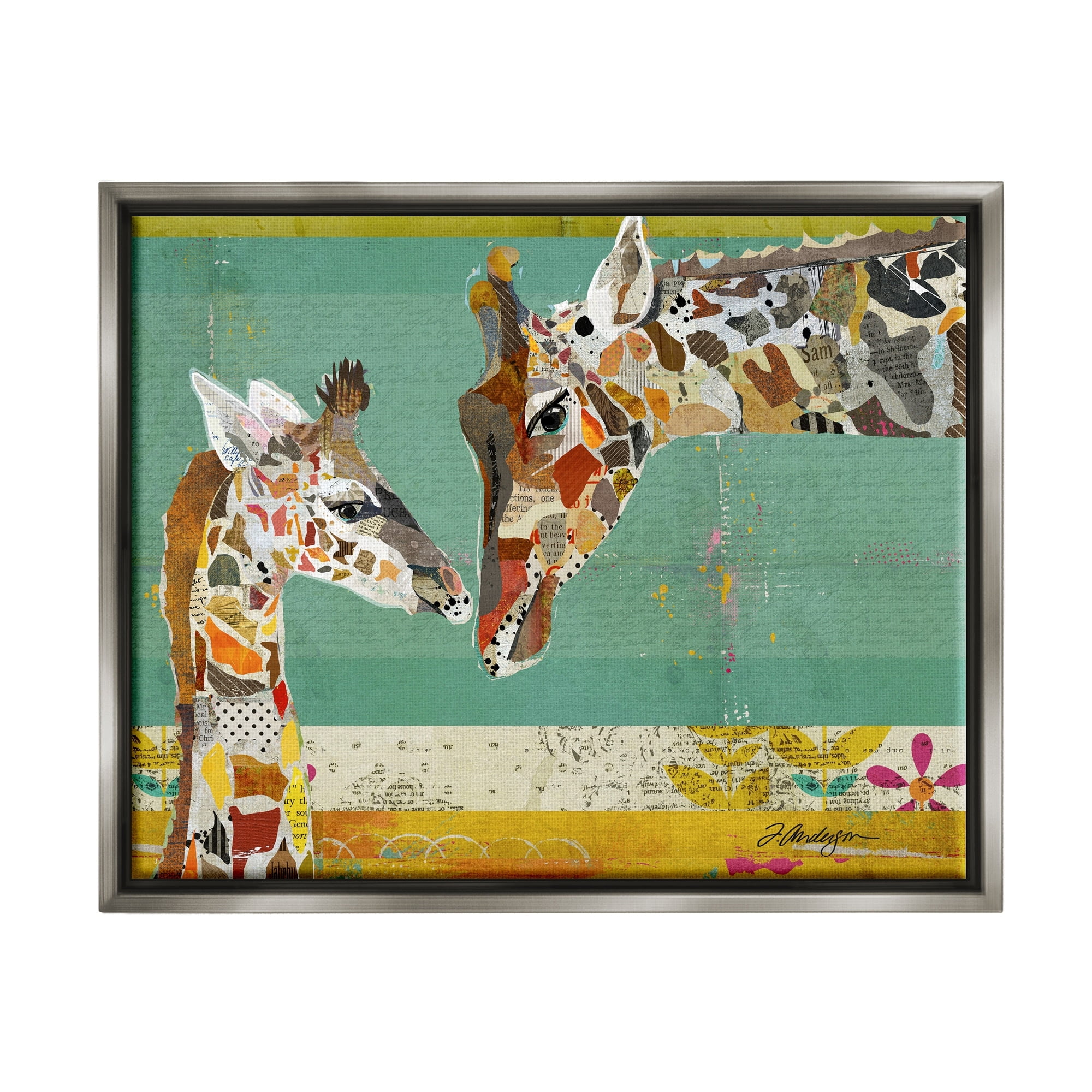 Stupell Industries Endearing Giraffe Family Layered Wildlife Animal Collage Graphic Art Luster Gray Floating Framed Canvas Print Wall Art, Design by Traci Anderson