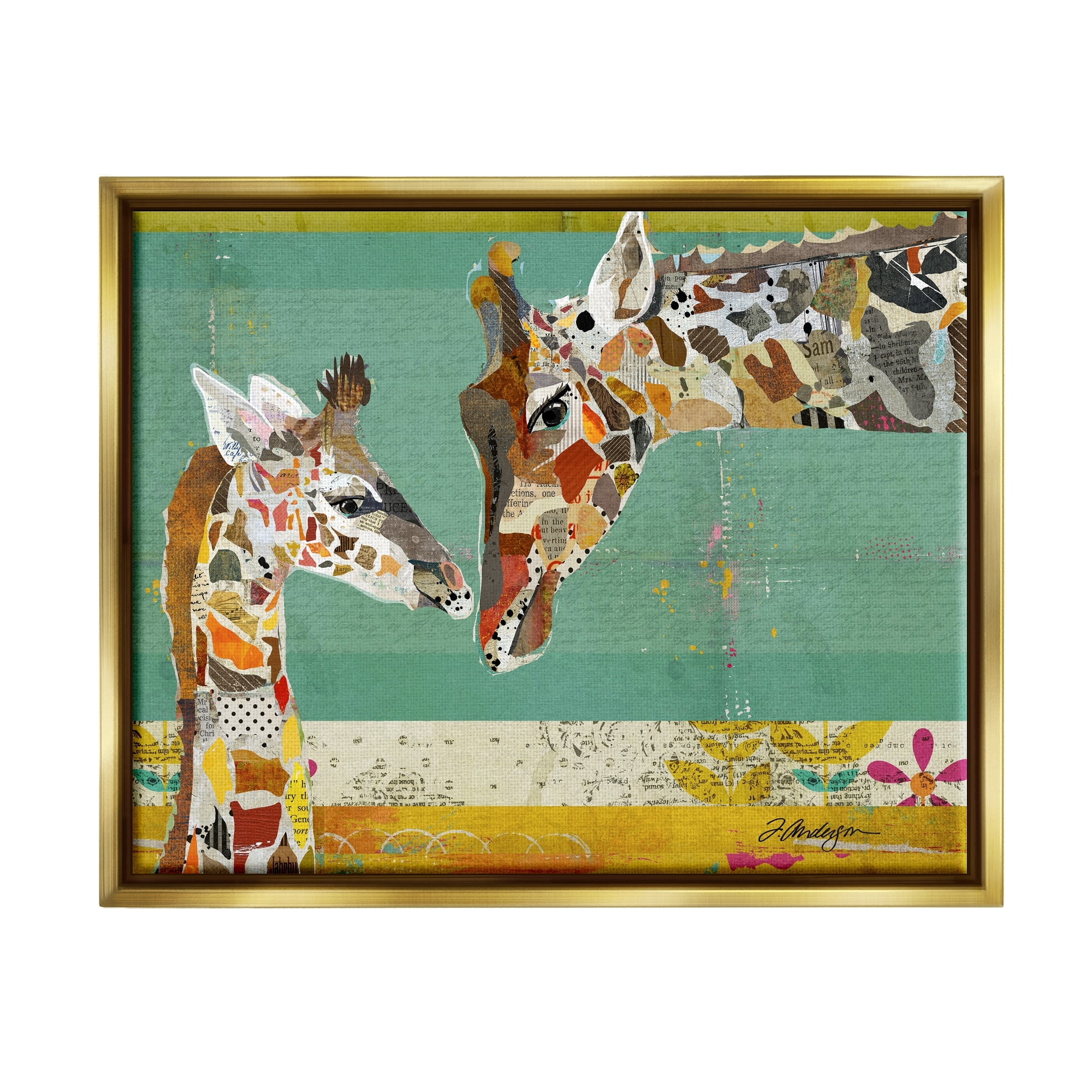 Stupell Industries Endearing Giraffe Family Layered Wildlife Animal Collage Graphic Art Metallic Gold Floating Framed Canvas Print Wall Art, Design by Traci Anderson