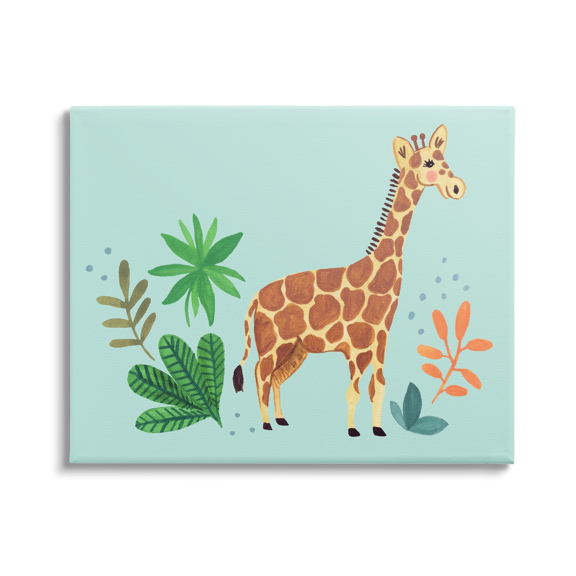 Stupell Industries Endearing Giraffe Floral Botanicals Turquoise Background Kids Painting Gallery-Wrapped Canvas Print Wall Art, 20 x 16, Design by Heather Strianese